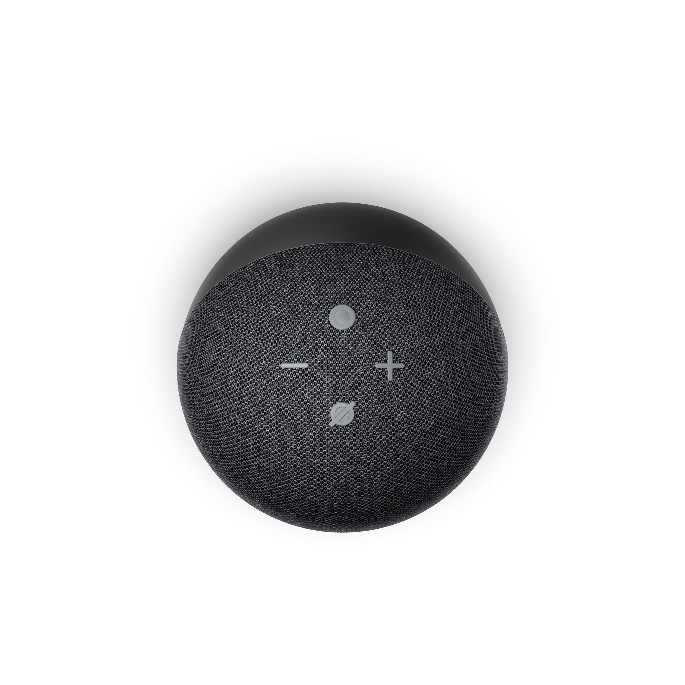 Schwarzer Smart Speaker mit Plus-, Minus- und Kreistaste. Weißer Hintergrund.