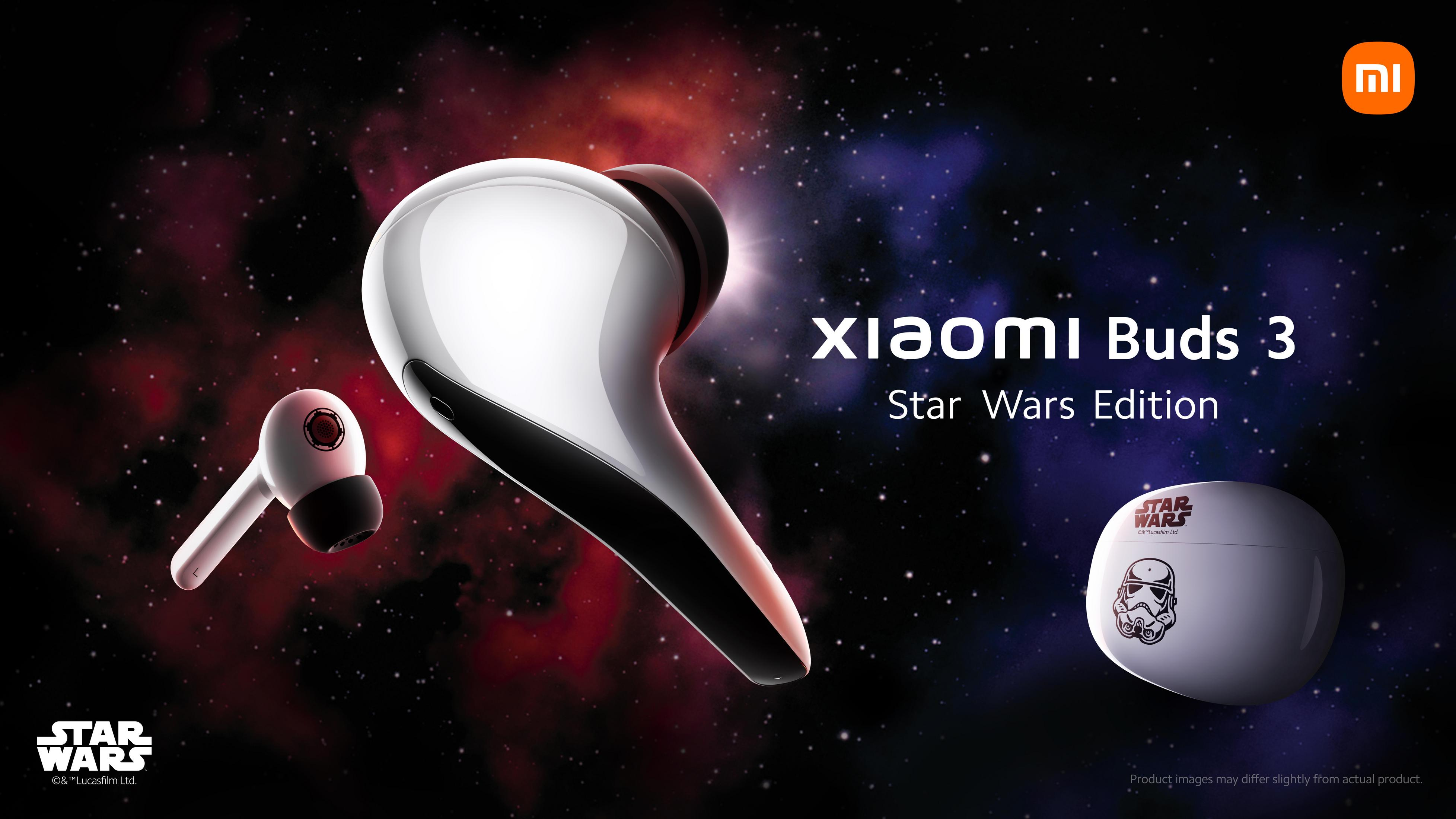 Słuchawki i etui Xiaomi Buds 3 Star Wars Edition na tle kosmicznym.