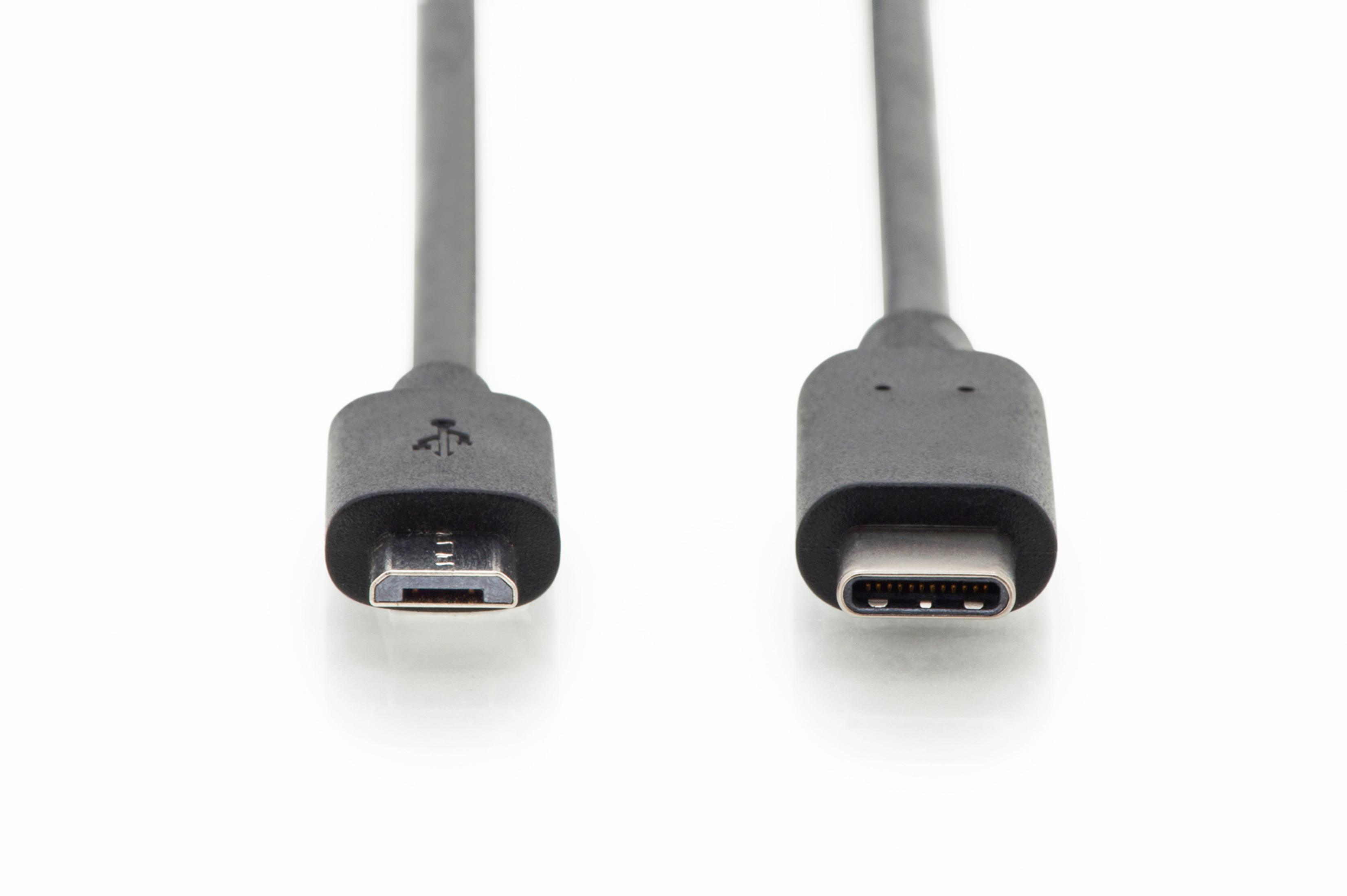 Zwei schwarze USB-Kabel, eines mit Micro-USB-Anschluss und das andere mit USB-C-Anschluss, auf weißem Hintergrund.