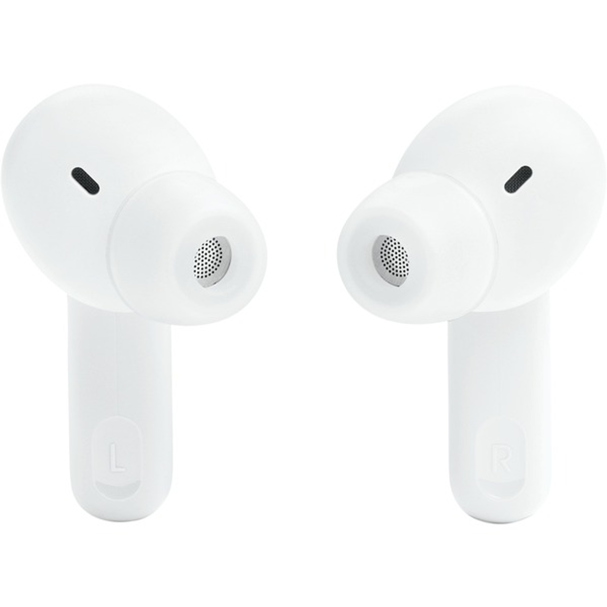 Dos auriculares JBL blancos. Cada auricular tiene un orificio y la letra L o R.