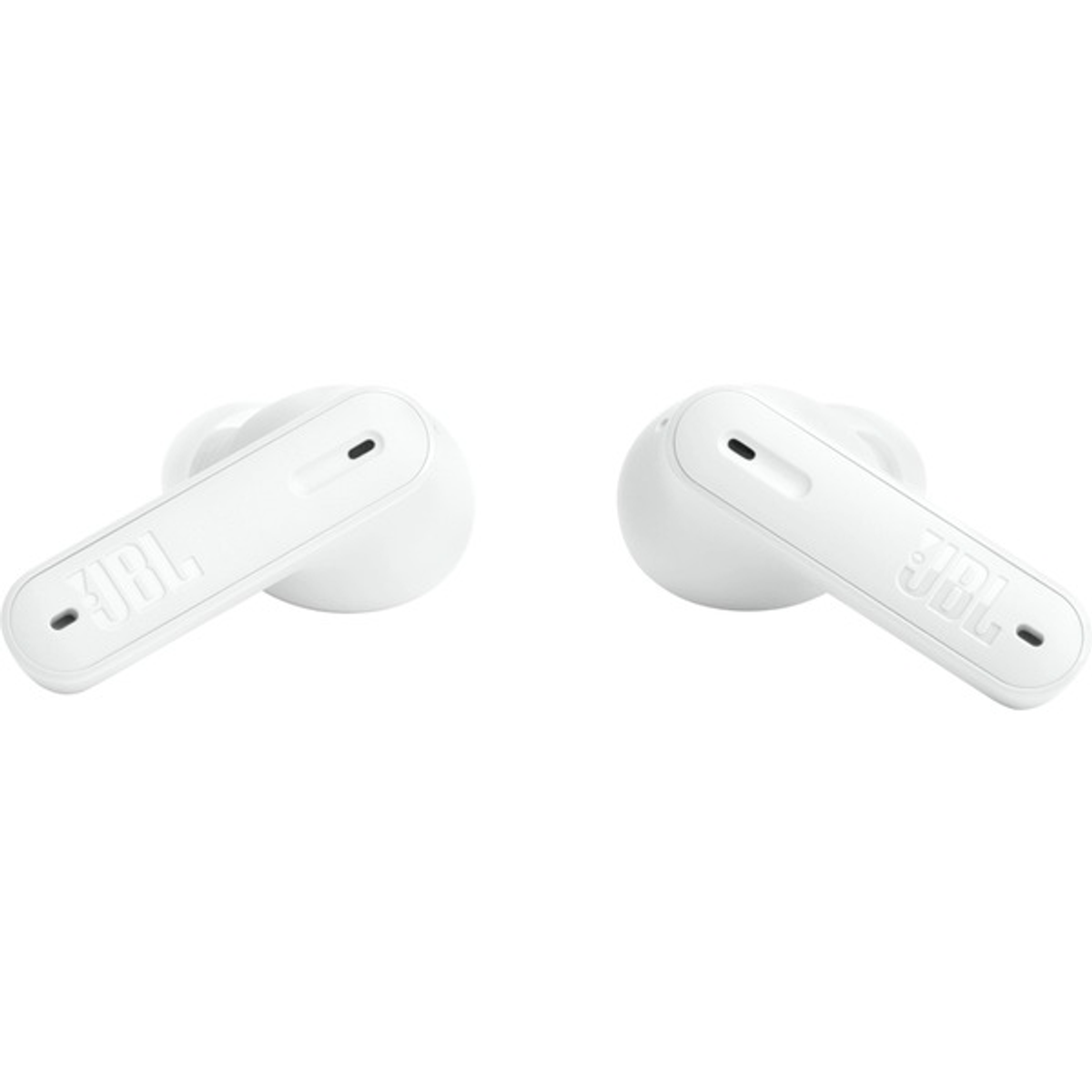 Auriculares JBL blancos, cada uno con un logotipo y un pequeño orificio para micrófono.