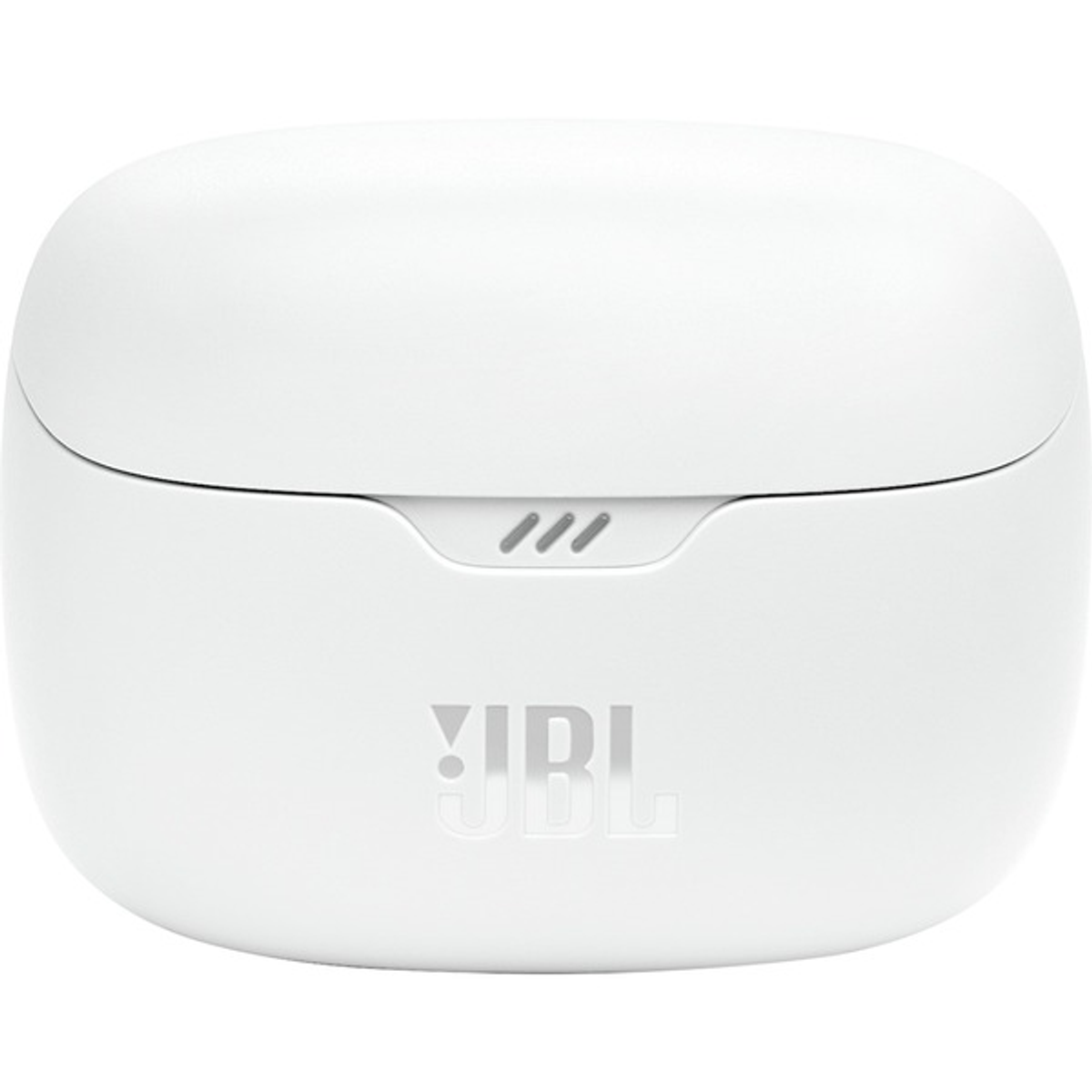 Estuche de carga de auriculares inalámbricos JBL blanco, con el logo JBL al frente.