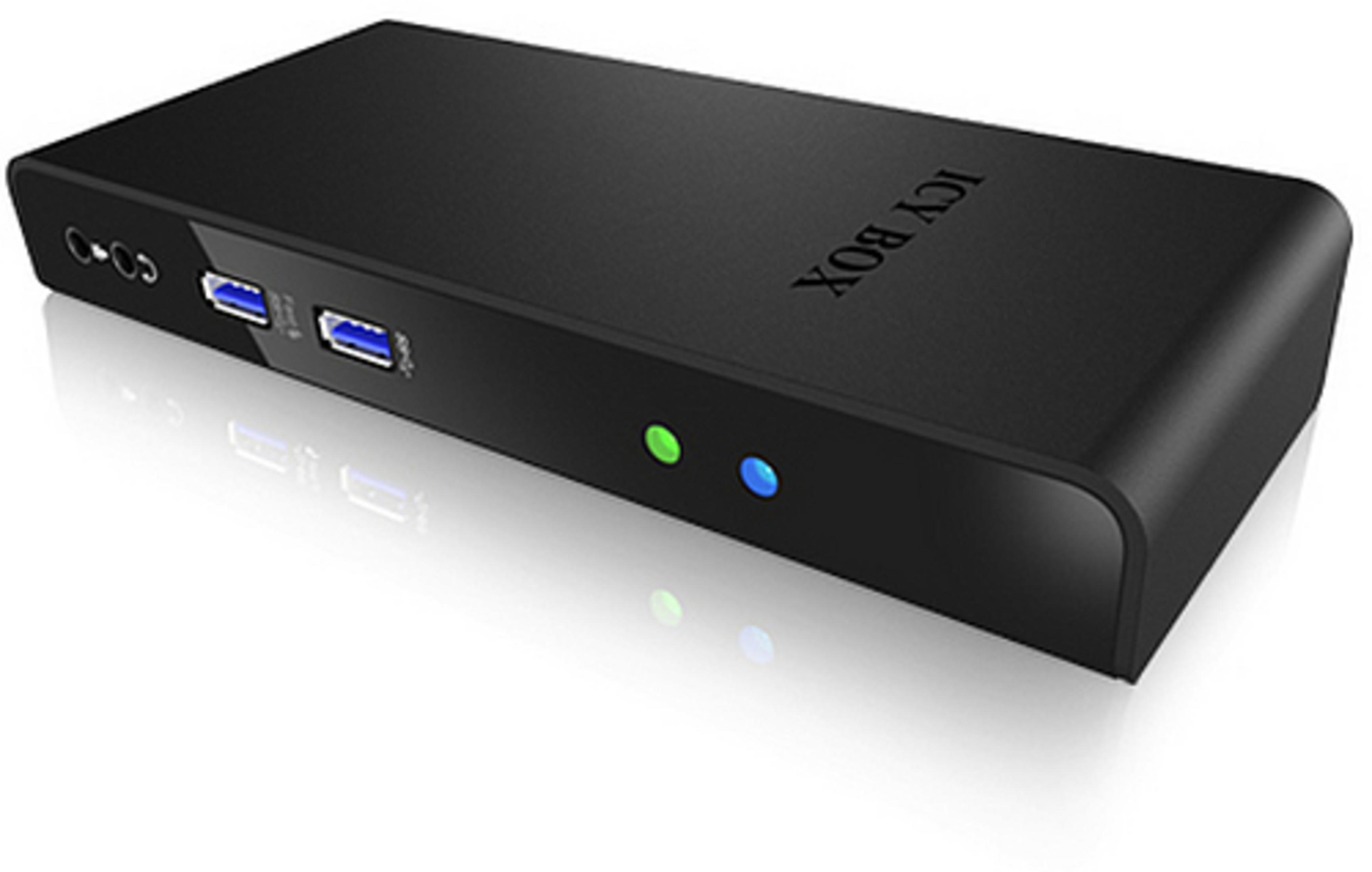 Appareil noir 'ICY BOX' avec ports USB et audio. LED vertes et bleues.