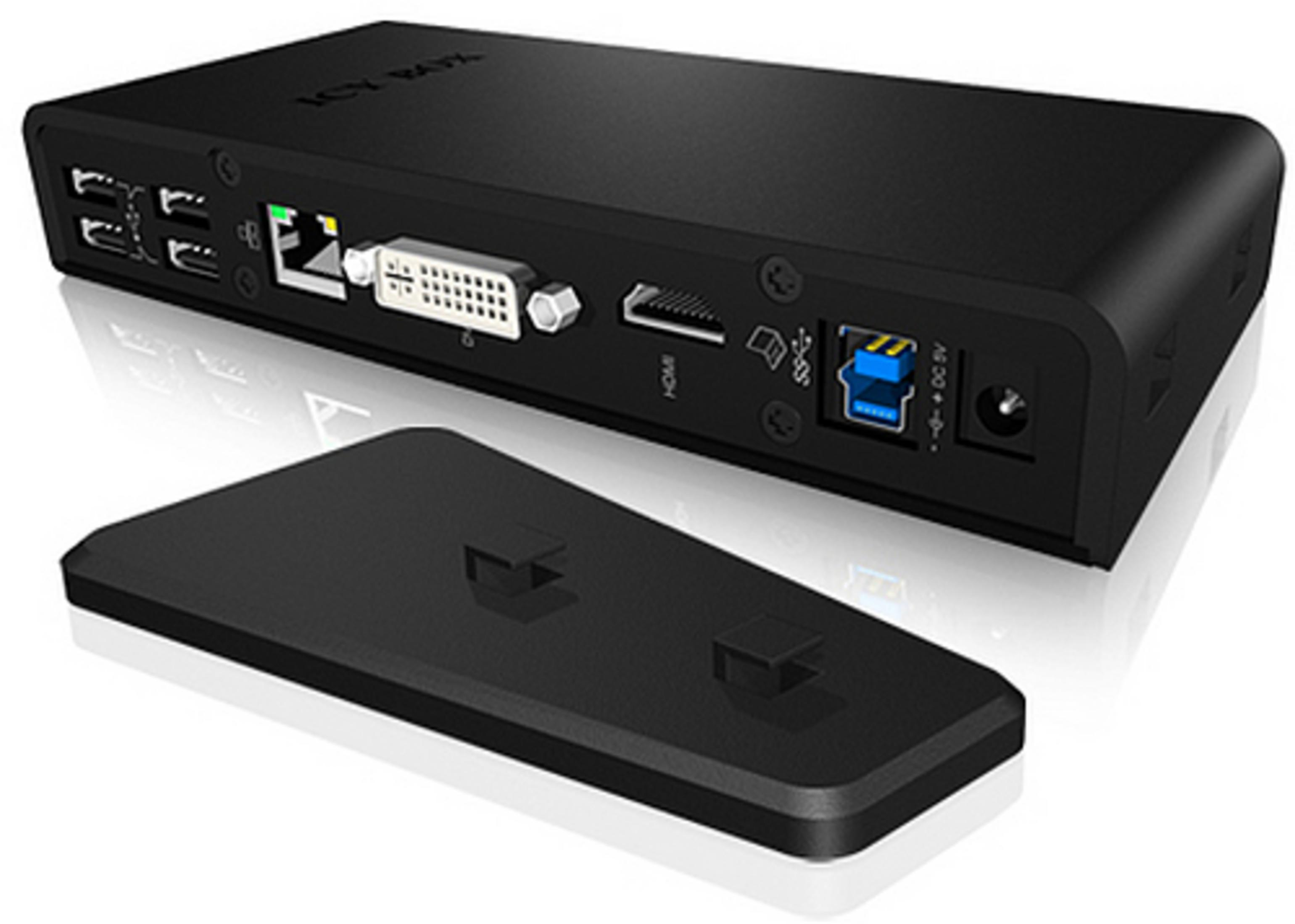 Appareil noir avec ports. Le fond est blanc.