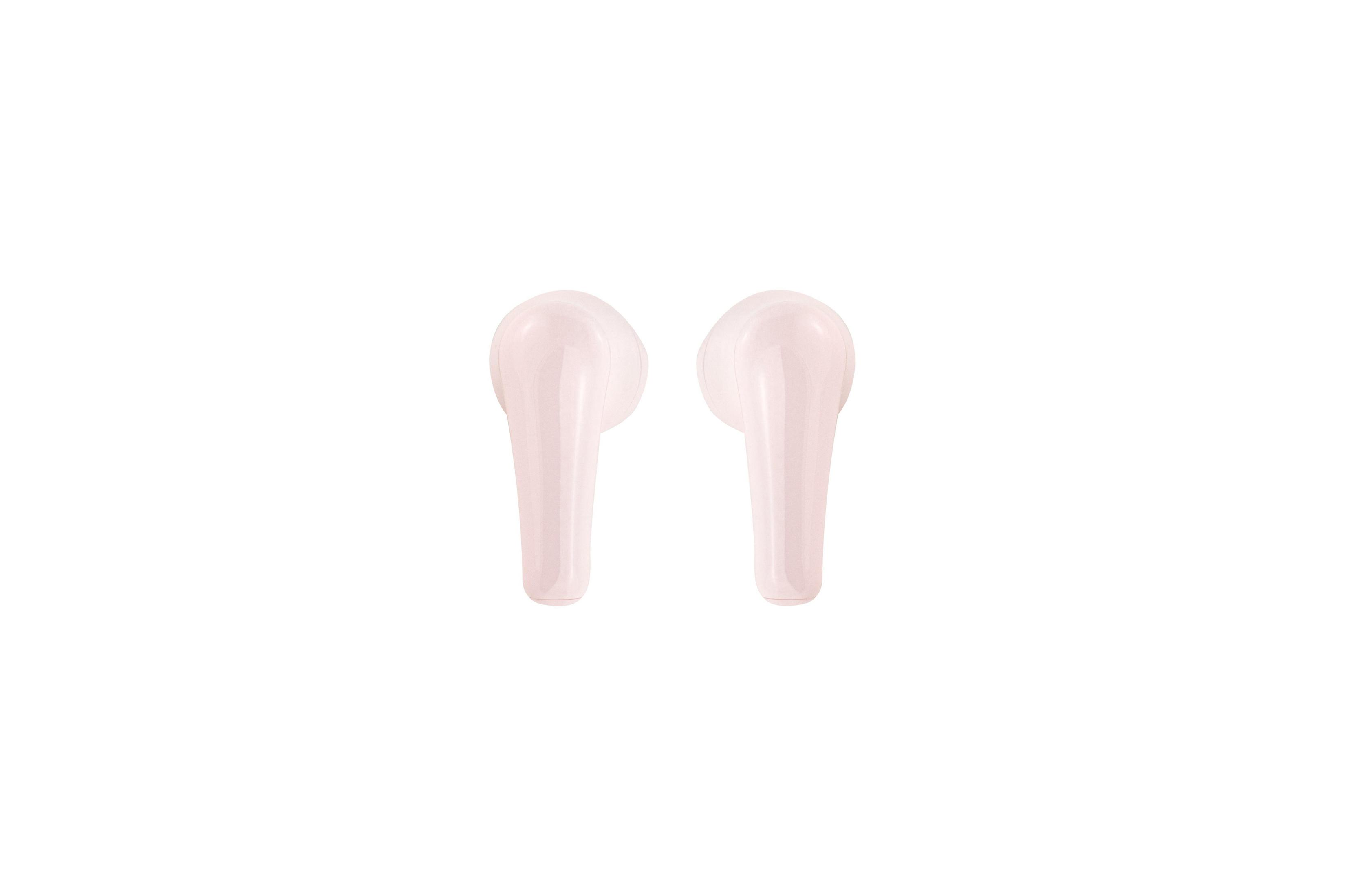 Two light pink wireless earbuds on white background.