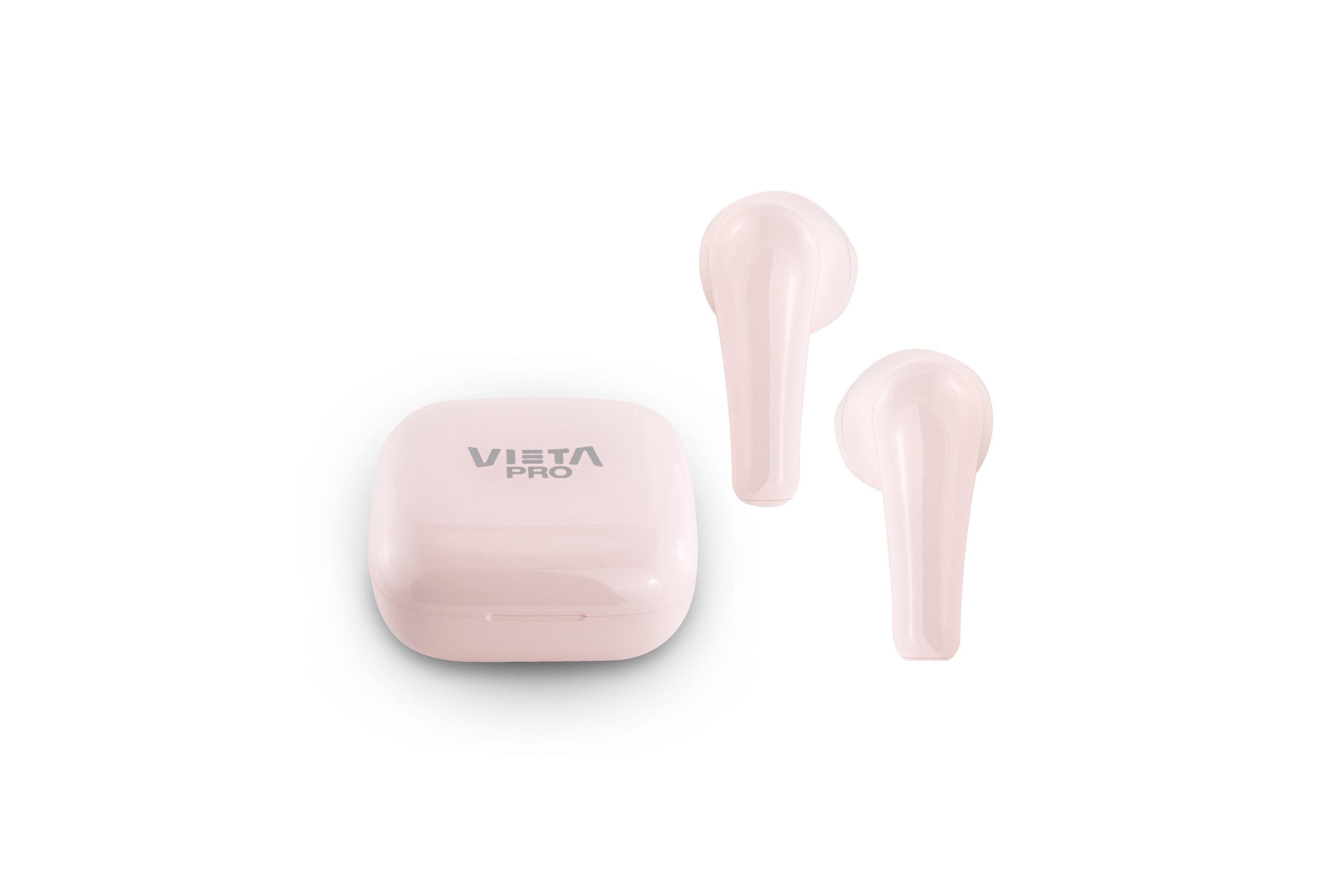 Pink wireless earbuds and charging case, isolated on a white background.