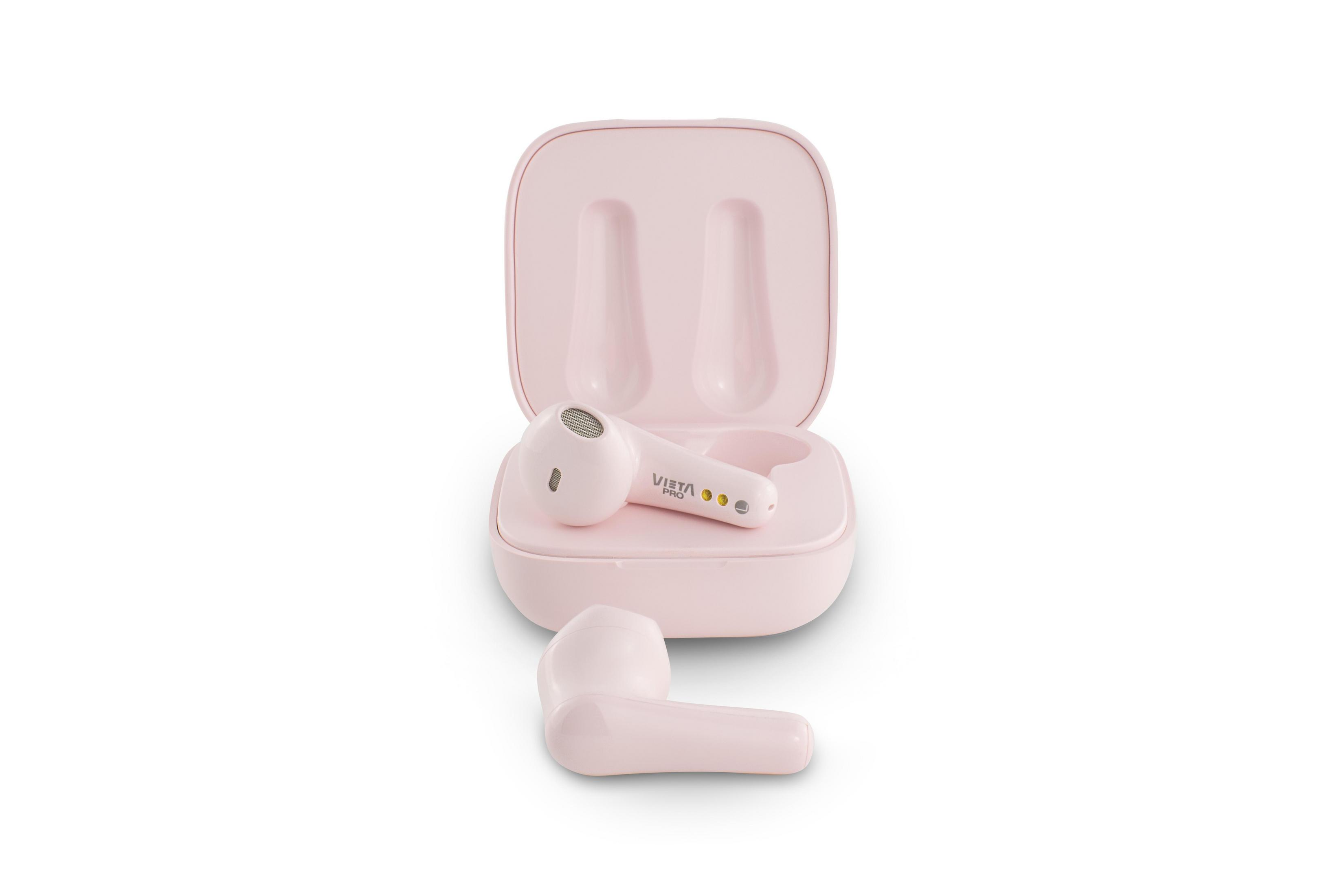 Pink wireless earbuds with charging case. One earbud rests outside the open case.