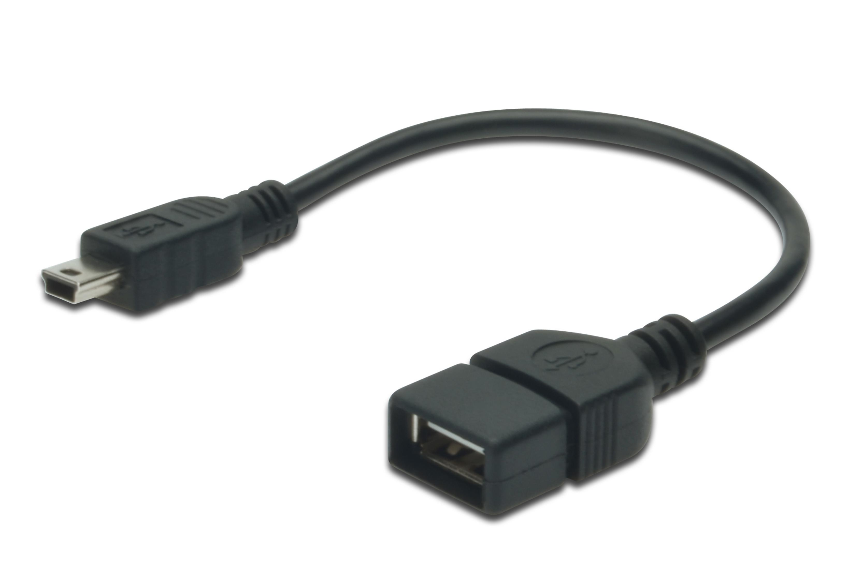 Un cavo adattatore USB nero con mini-USB maschio e porta USB femmina.