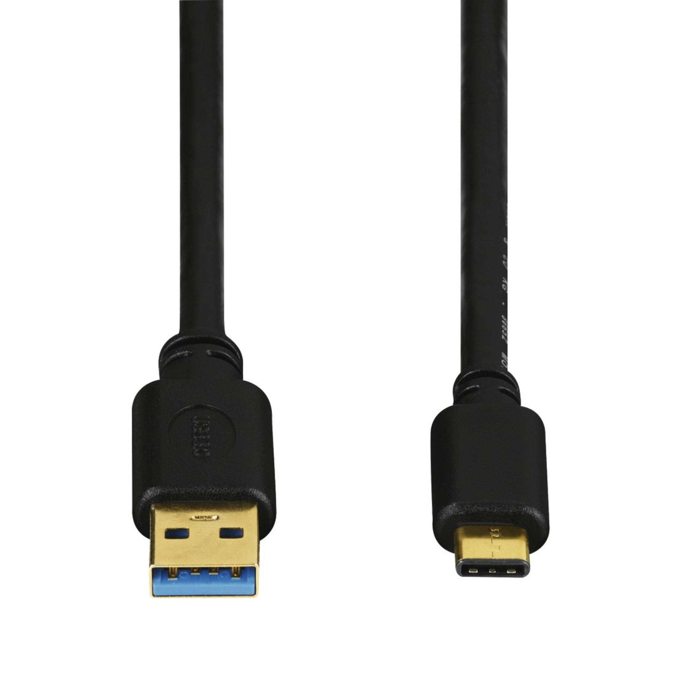 Black USB cable. One end is USB 3.0, the other is USB-C. White background.