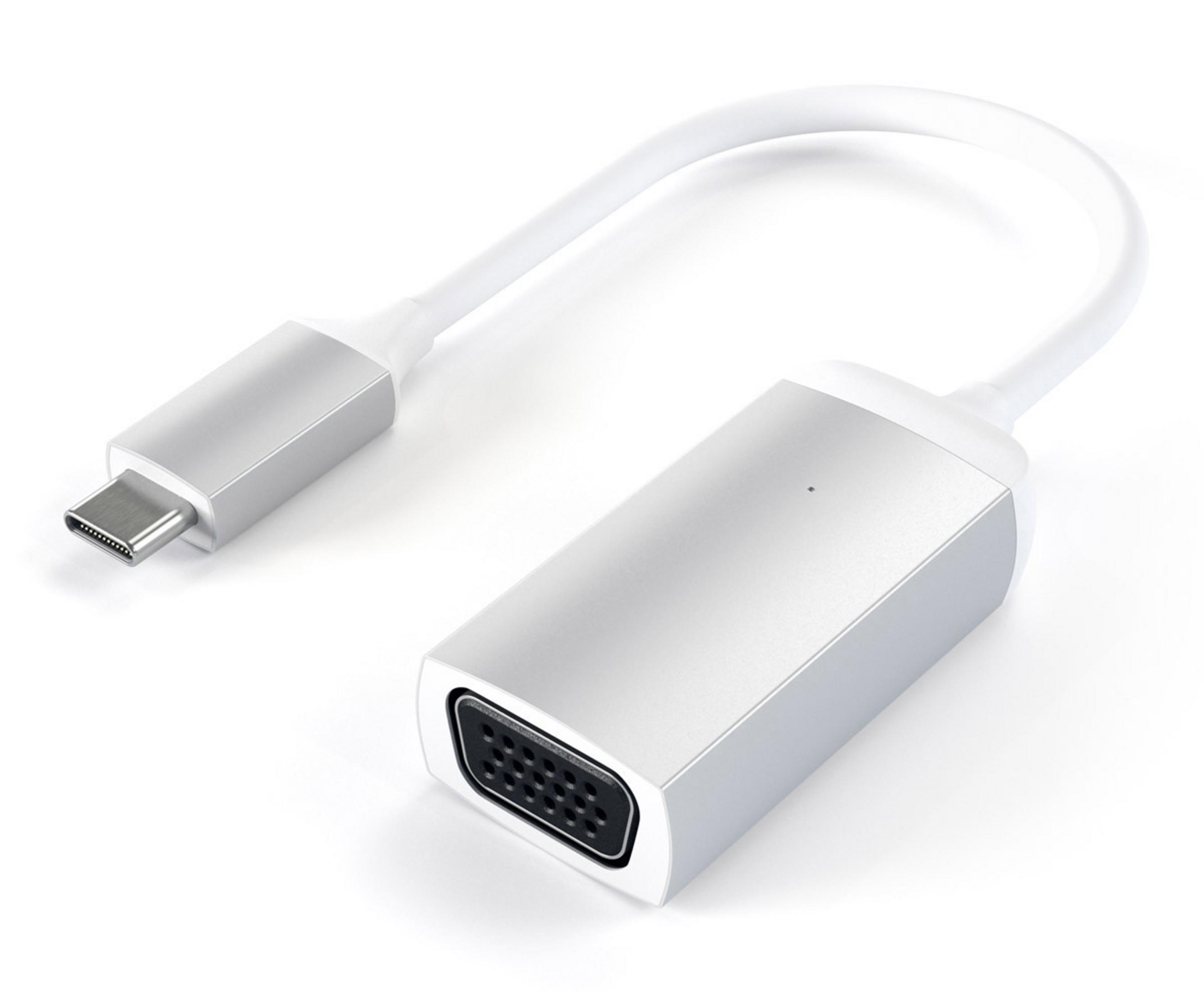 Silbernes USB-C-zu-VGA-Adapterkabel auf weißem Hintergrund.