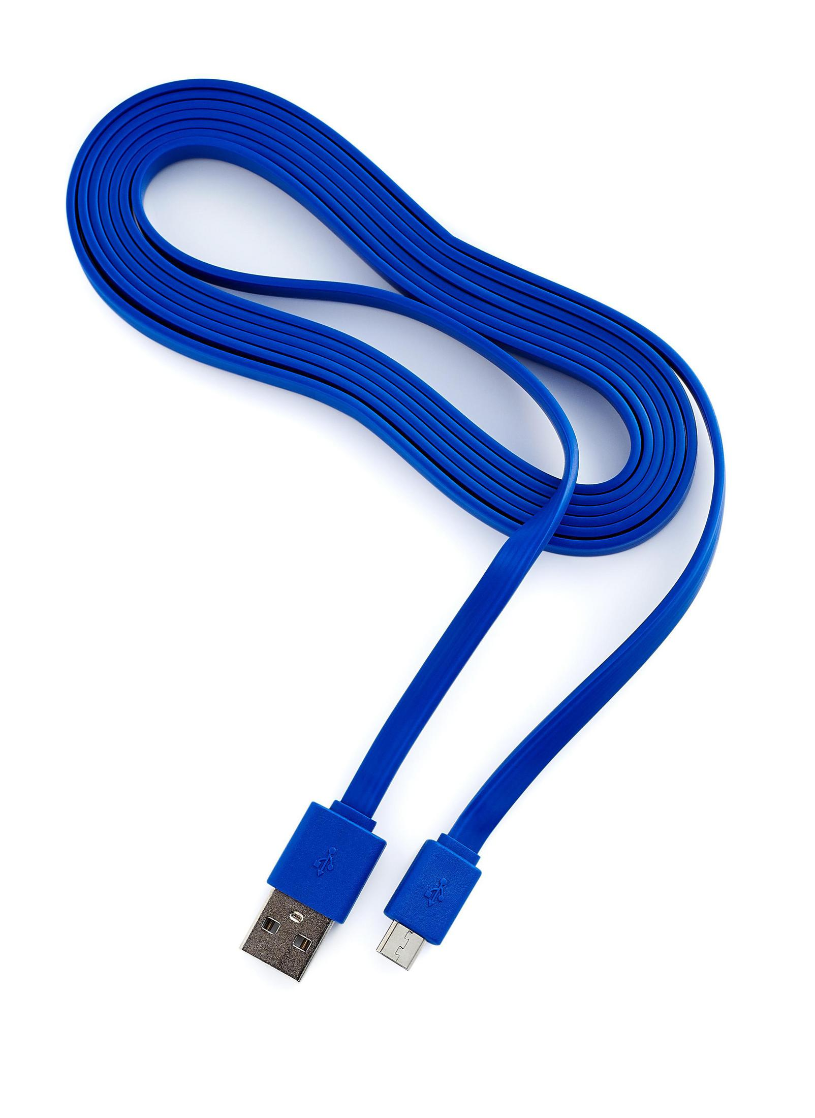 Blaues USB-Kabel mit USB- und Micro-USB-Anschlüssen, auf einer weißen Oberfläche aufgerollt.