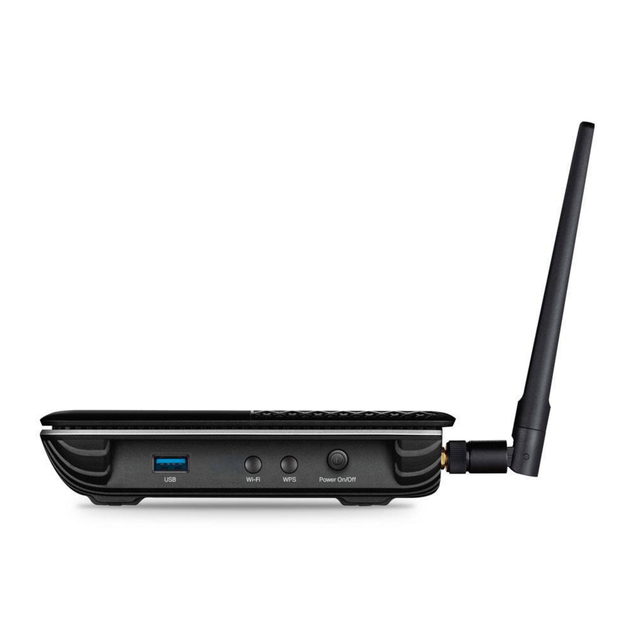 Router nero con antenna. Tasti USB, Wi-Fi, WPS e accensione visibili.