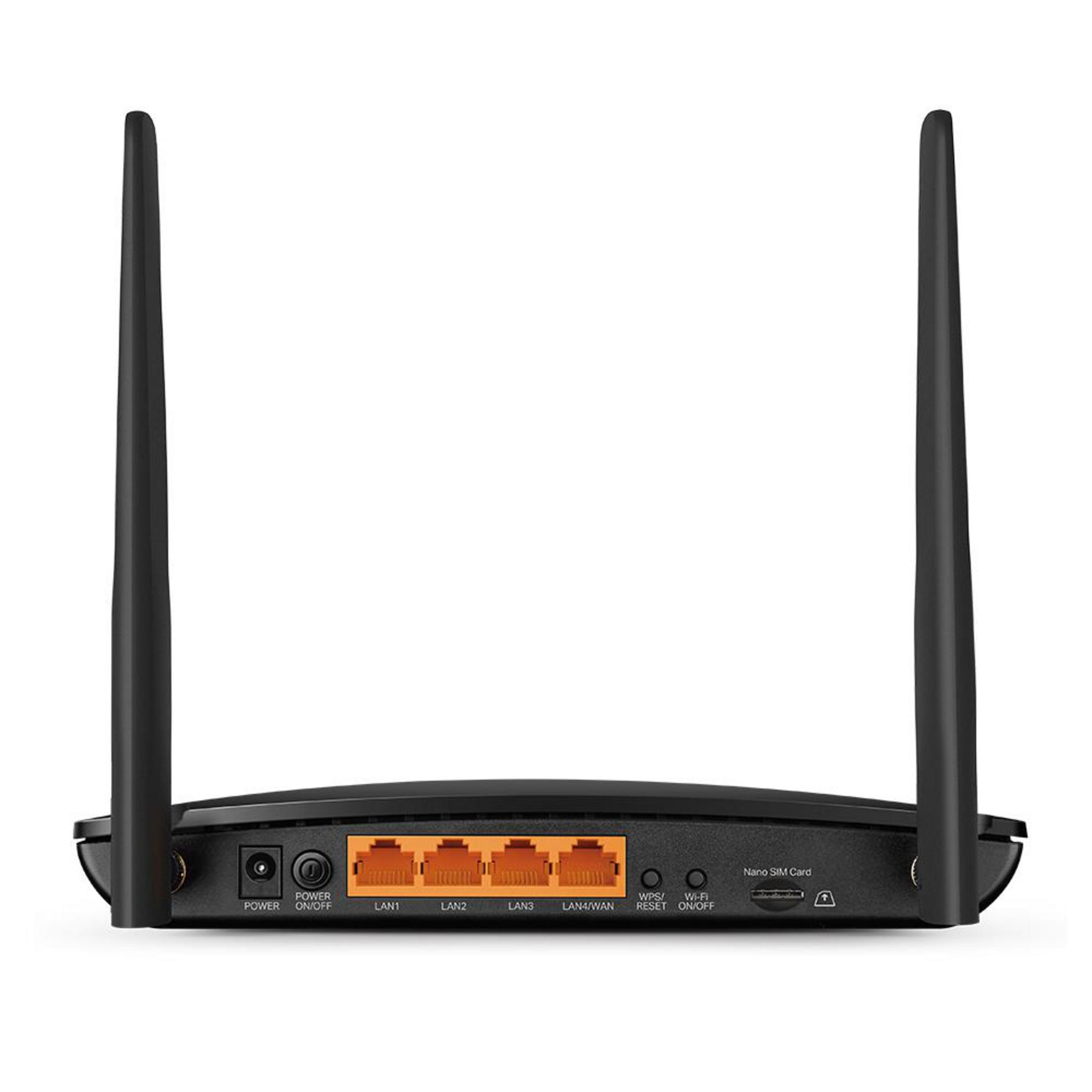 Zwarte router met twee antennes. Het heeft meerdere poorten en een aan/uit-knop.