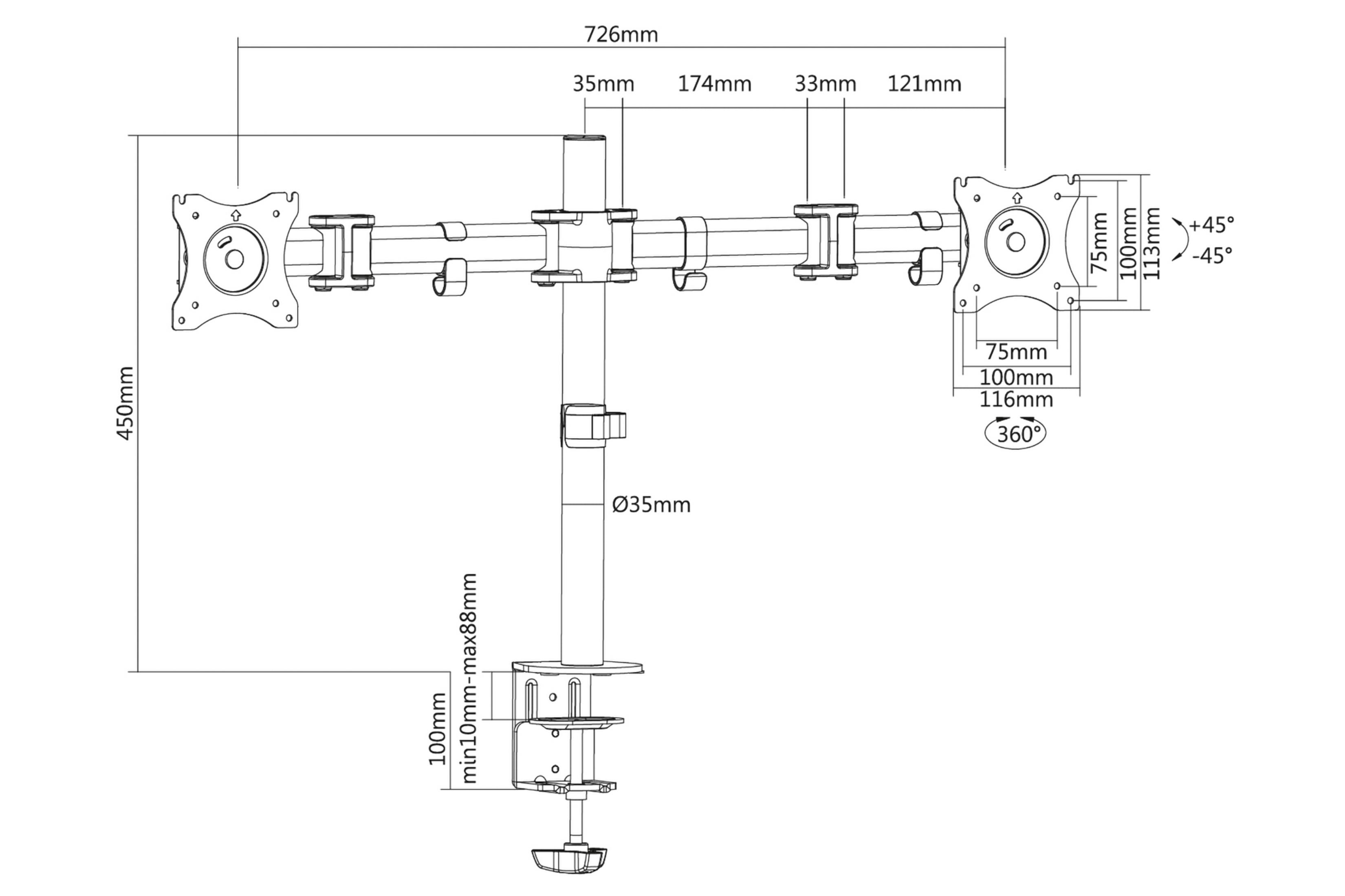 Schemat ramienia monitora, z wymiarami i etykietami. Białe tło.