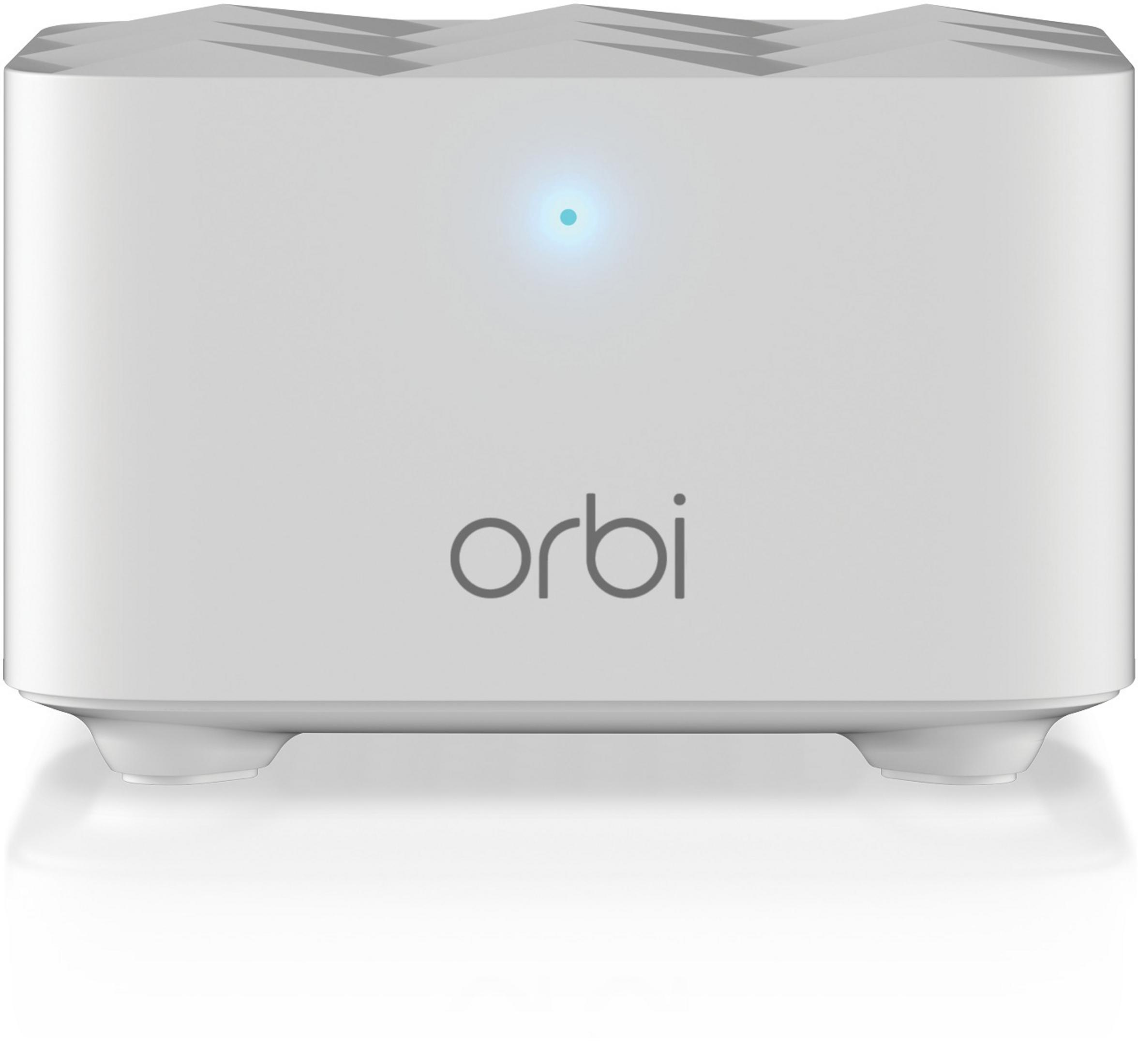 Weißer Orbi-Router mit blauem Licht, auf weißem Hintergrund.