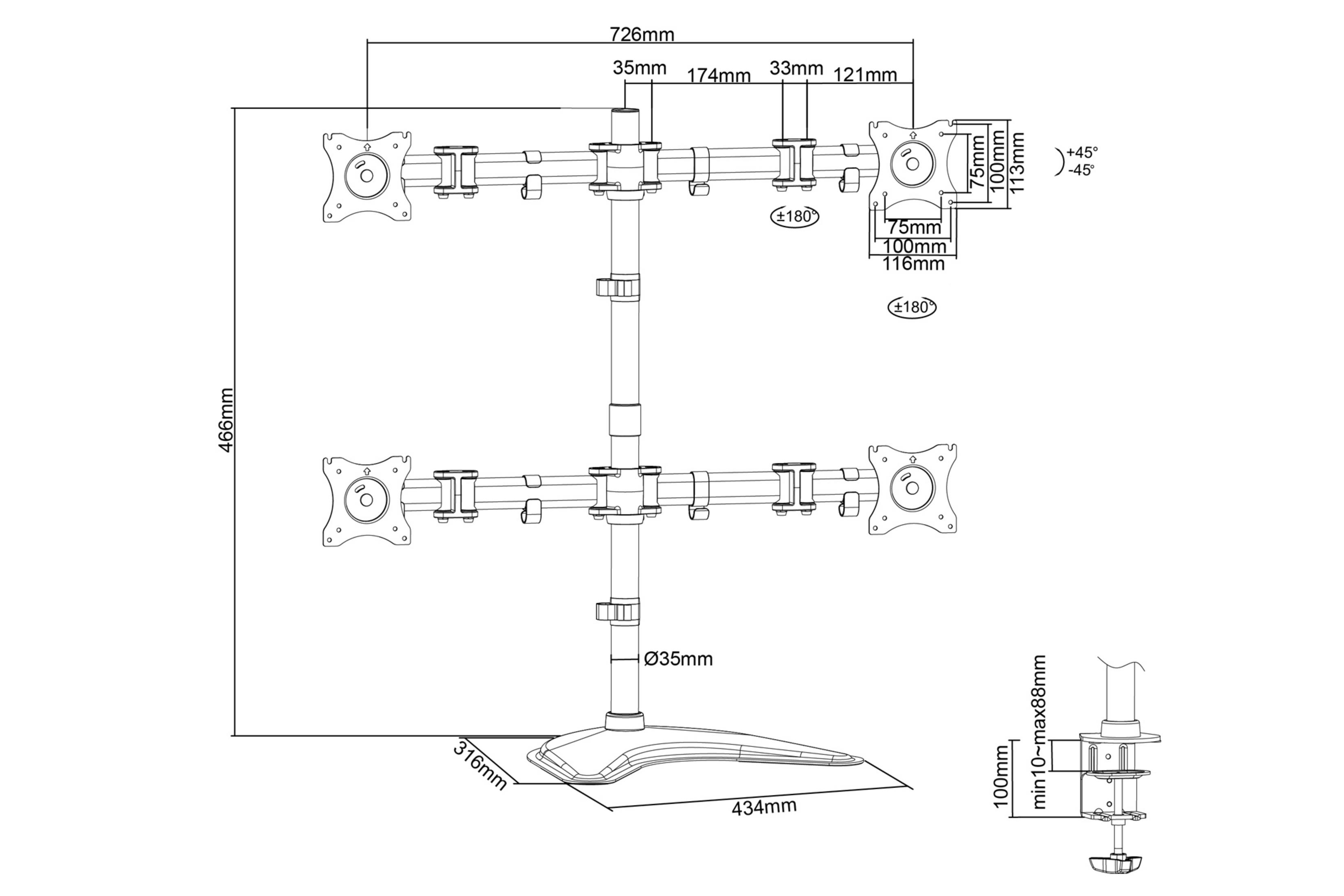 Rysunek techniczny stojaka na monitor z wymiarami. Białe tło.