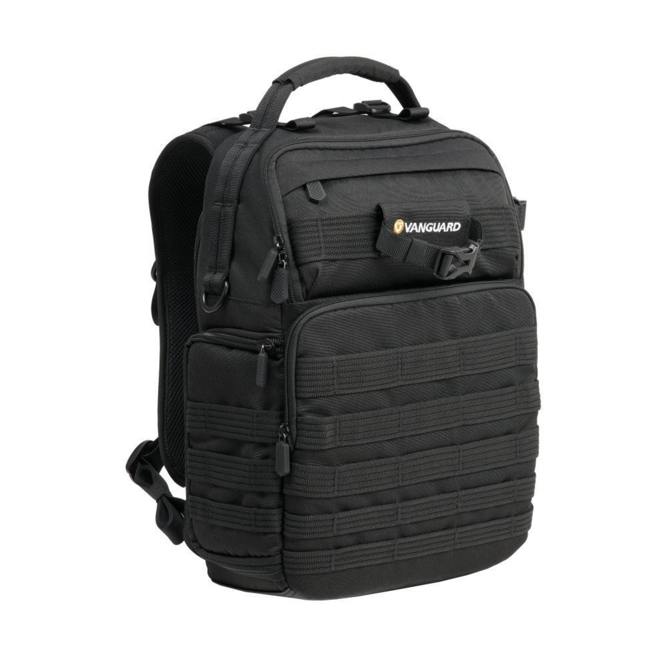 Schwarzer Rucksack mit mehreren Fächern und Riemen, das Vanguard-Logo ist sichtbar.