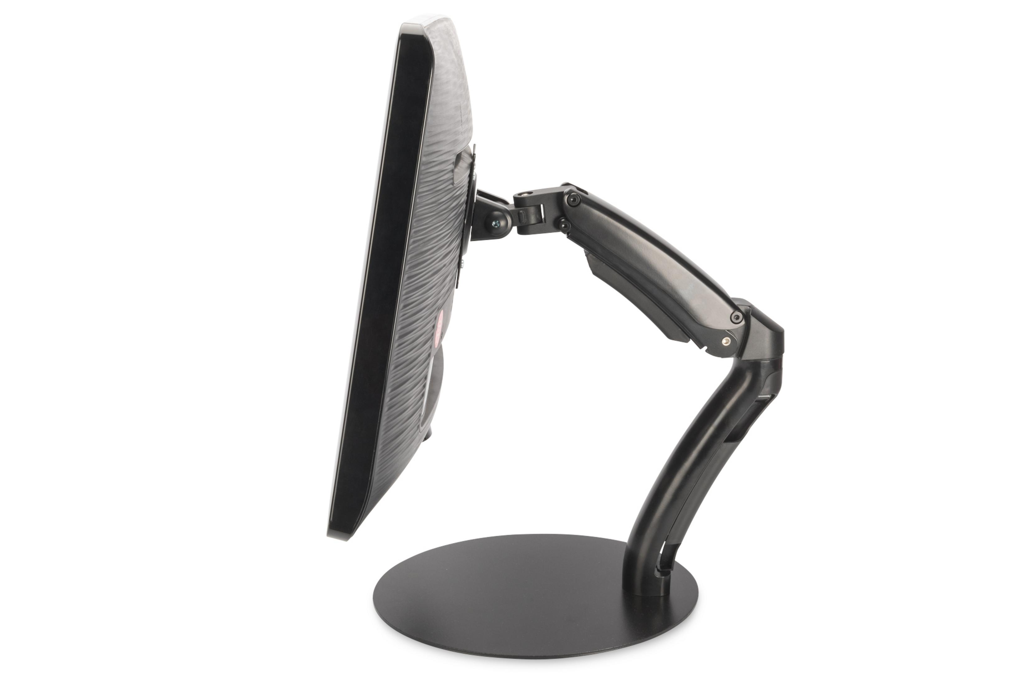 Side view of a computer monitor attached to a black adjustable arm stand on white.