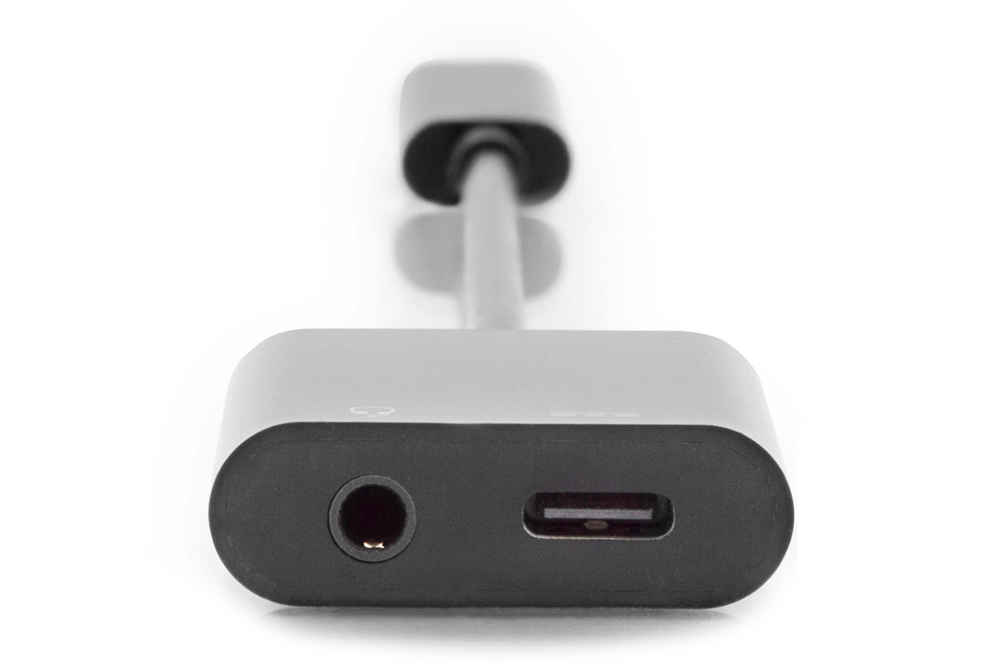 Adapter mit Kopfhöreranschluss und USB-C-Anschluss. Graue Farbe.