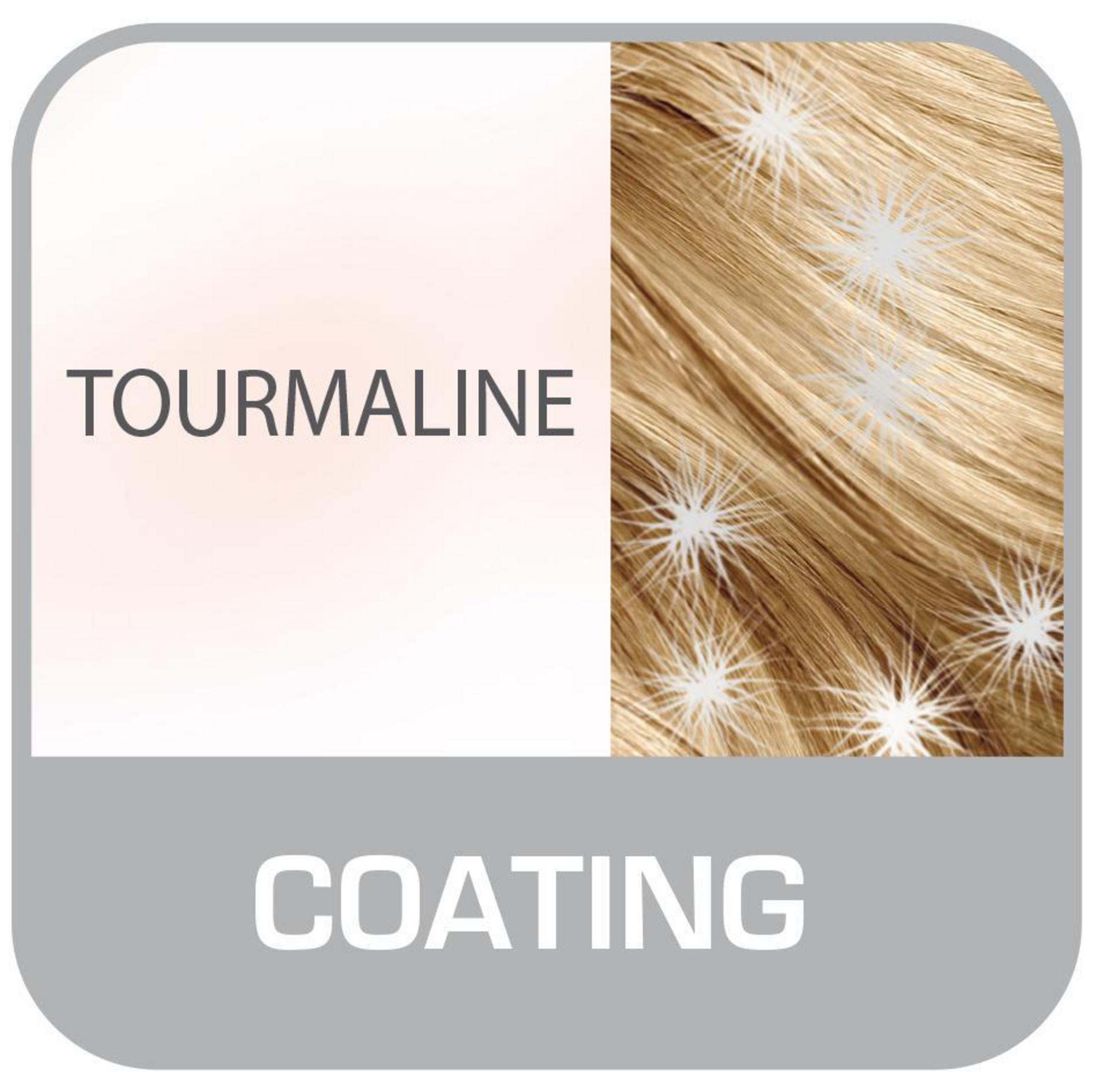 Obraz z tekstem "TOURMALINE COATING", ukazujący pasma włosów z jasnymi punktami.