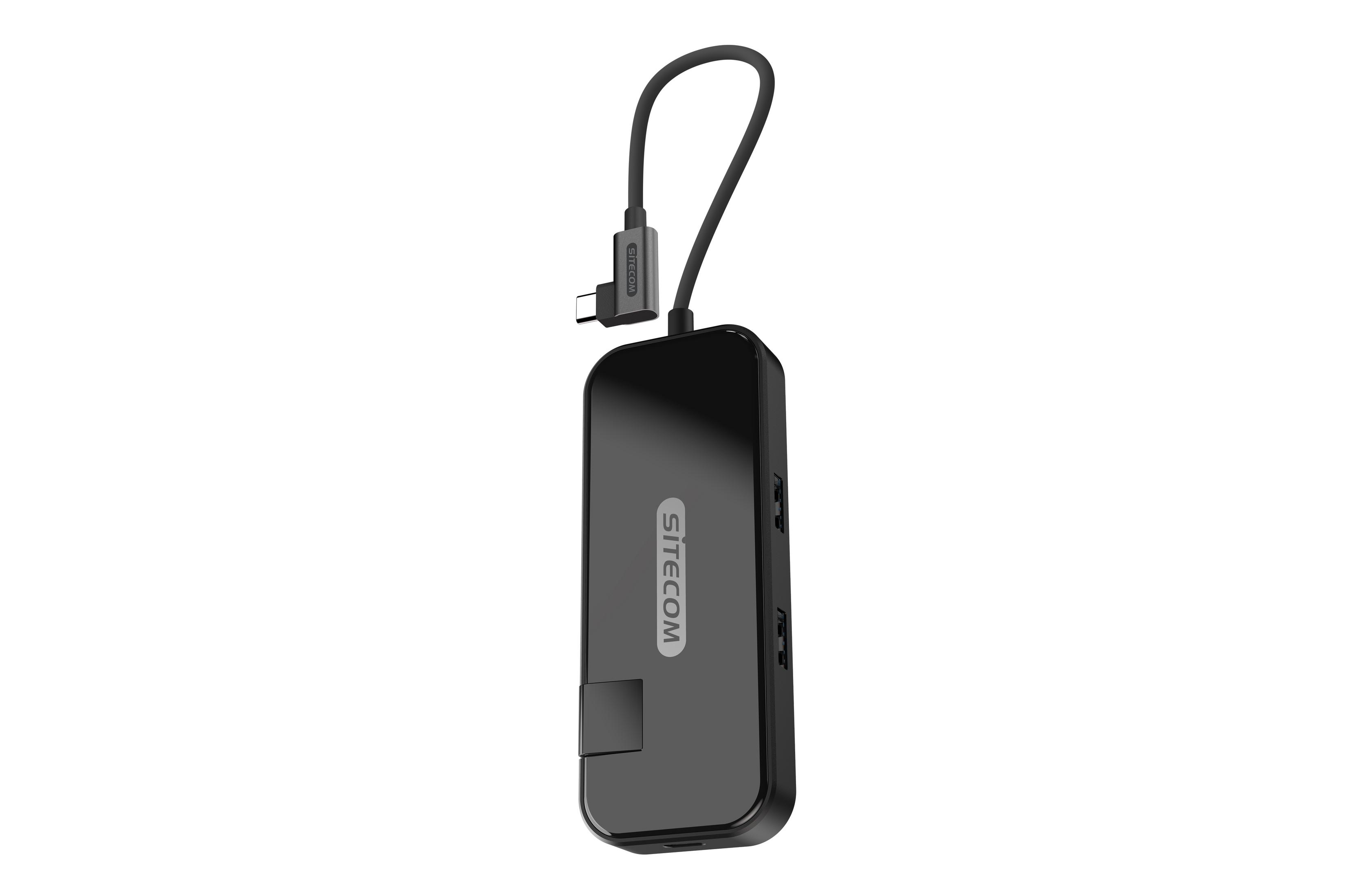 Black Sitecom USB hub with a USB-C connector and multiple ports. It is isolated on white.