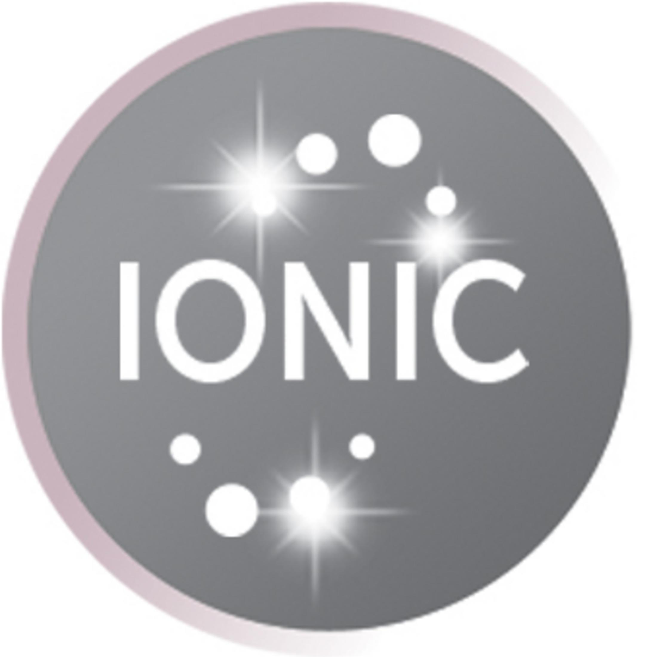 Szary okrąg z białym napisem IONIC. Iskrzy otacza słowo.