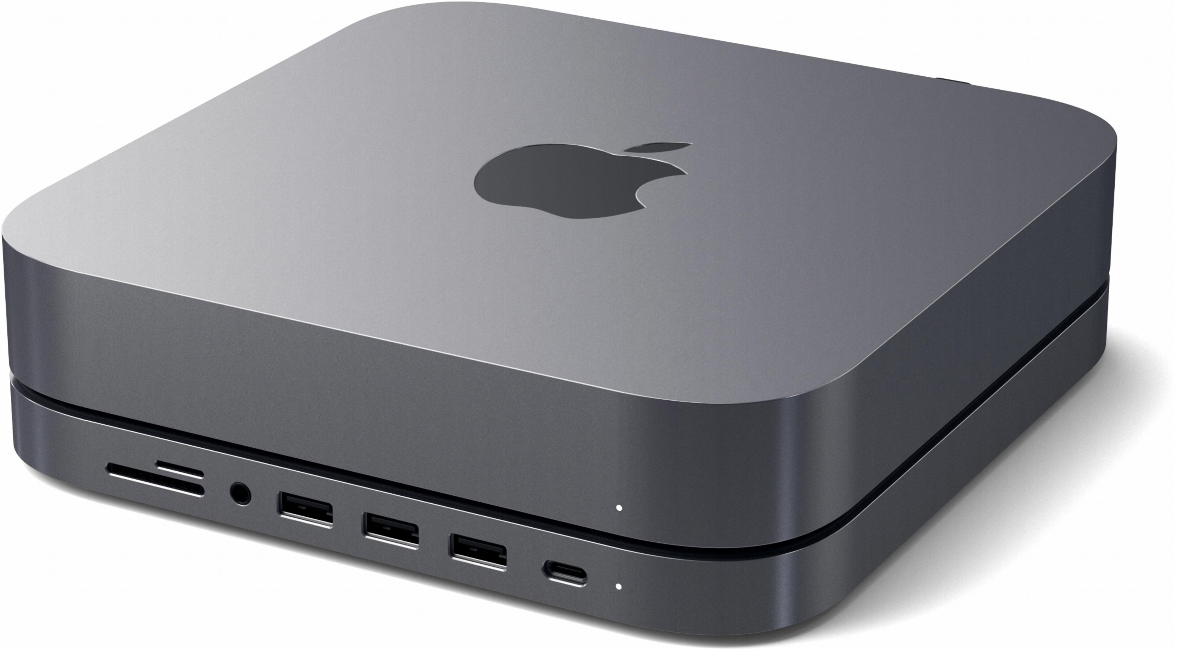 Dunkelgrauer Apple Mac Mini-Computer mit sichtbaren Anschlüssen. Apple-Logo oben.
