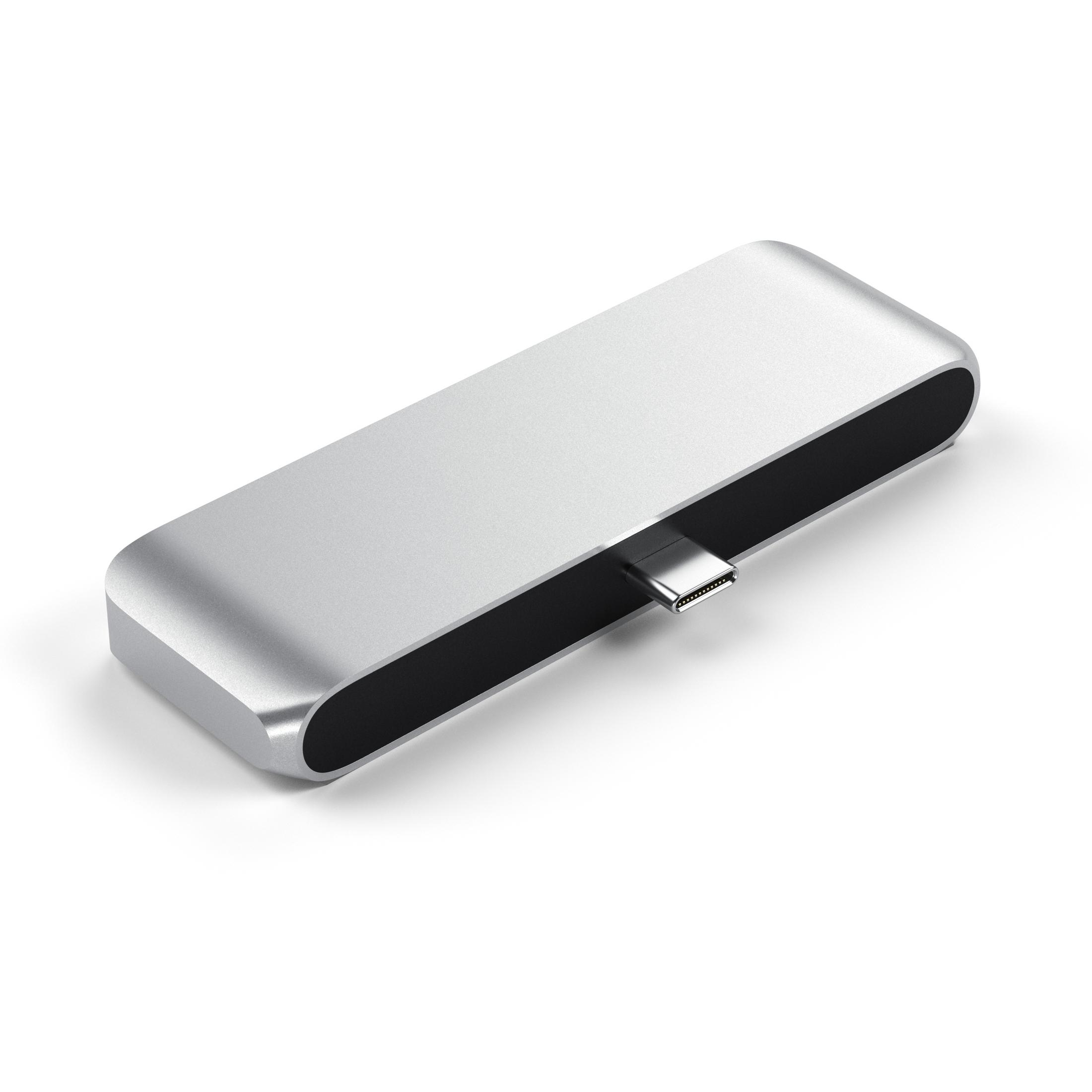 Silberner USB-C-Hub mit schwarzen Akzenten, auf weißem Hintergrund.