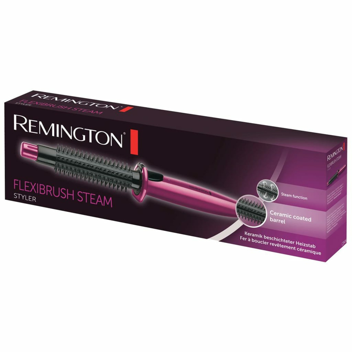 Eine Schachtel eines Remington Flexibrush-Dampfstylers mit einem pinkfarbenen und schwarzen Haarstyler.
