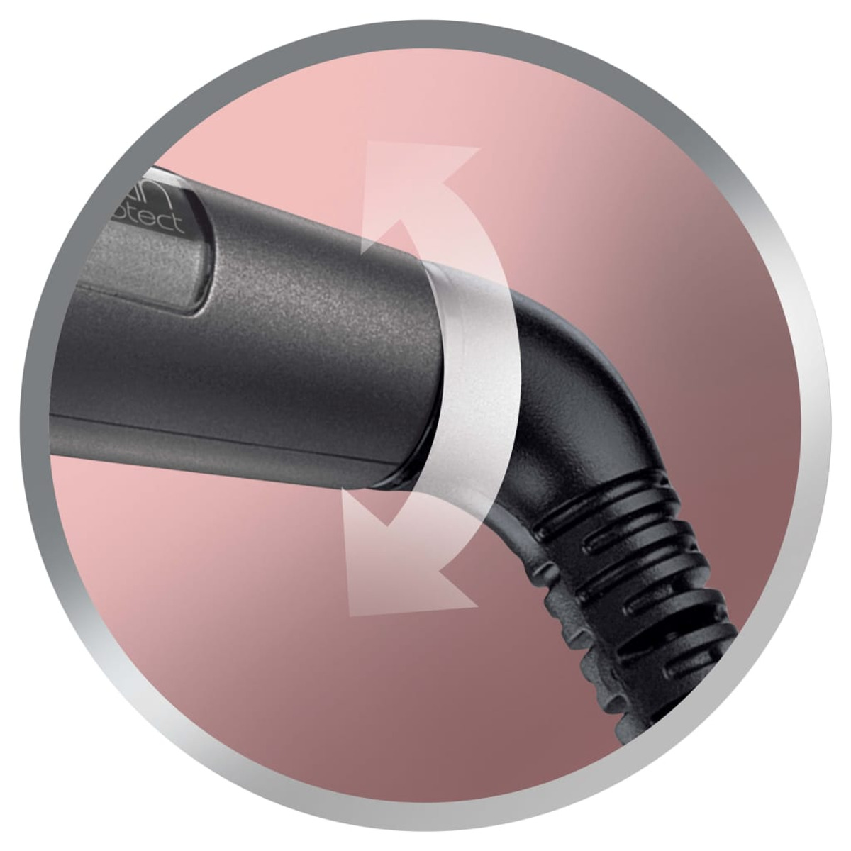 Zbliżenie prostownicy do włosów ze strzałką wskazującą obrót. Tło jest różowe.