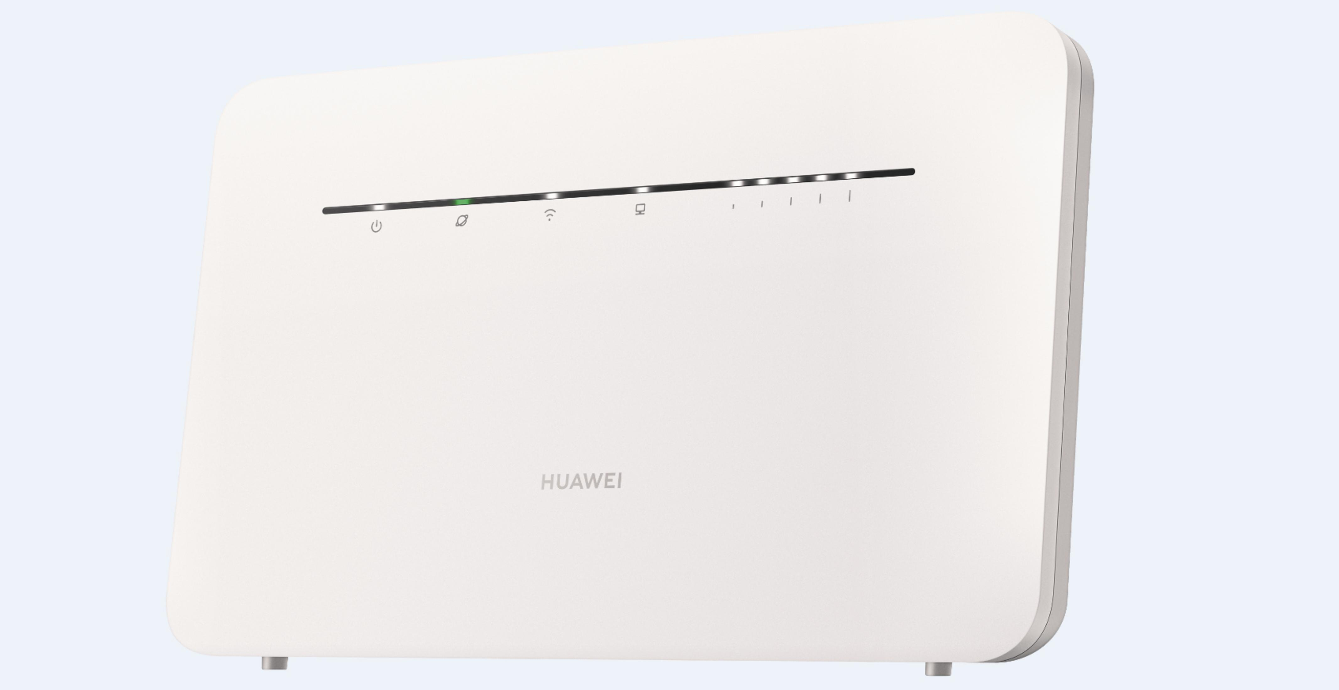 Biały router Huawei ze wskaźnikami na górze. Logo jest widoczne z przodu. Niebieskie tło.