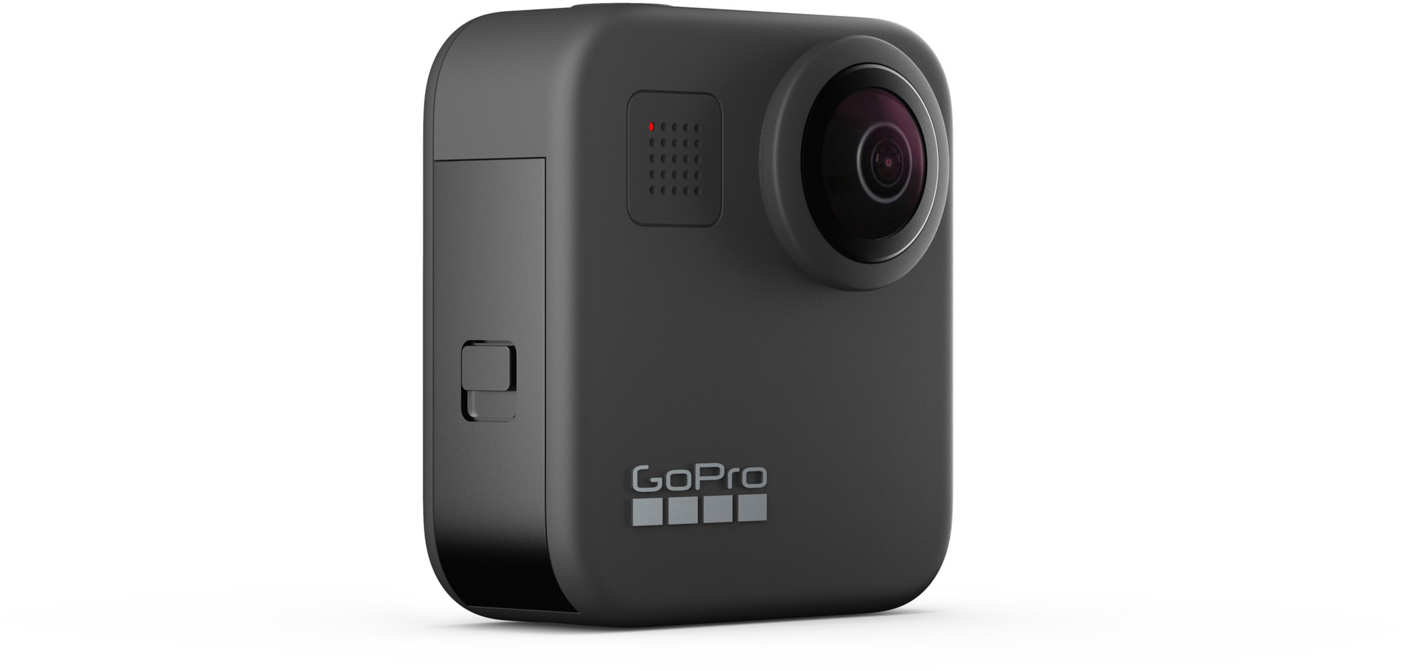 Schwarze GoPro-Kamera. Quadratische Form, großes Objektiv und GoPro-Logo.