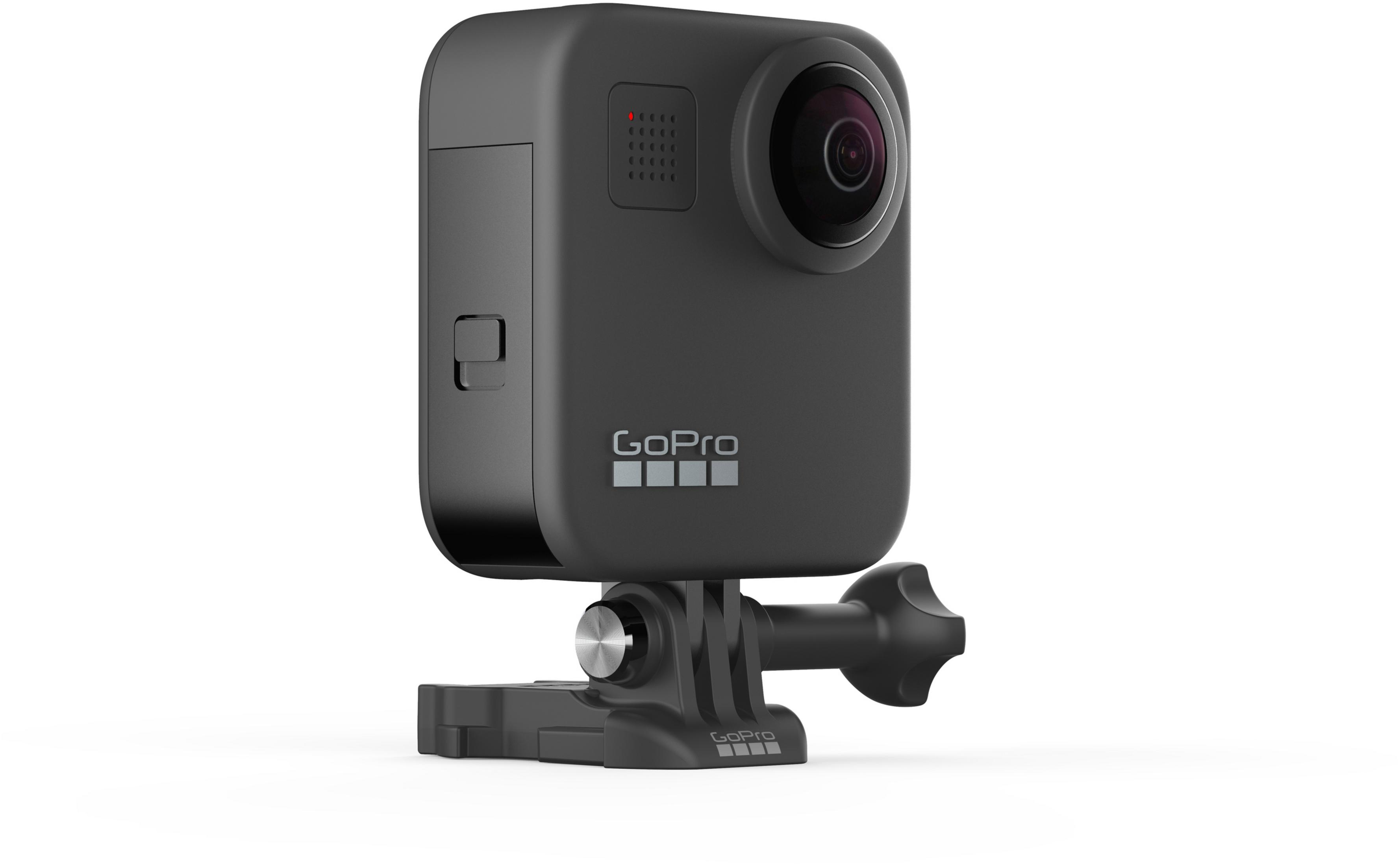 Schwarze GoPro Max Kamera. Sie hat auf jeder Seite ein Objektiv und eine Halterung an der Unterseite, alles vor weißem Hintergrund.