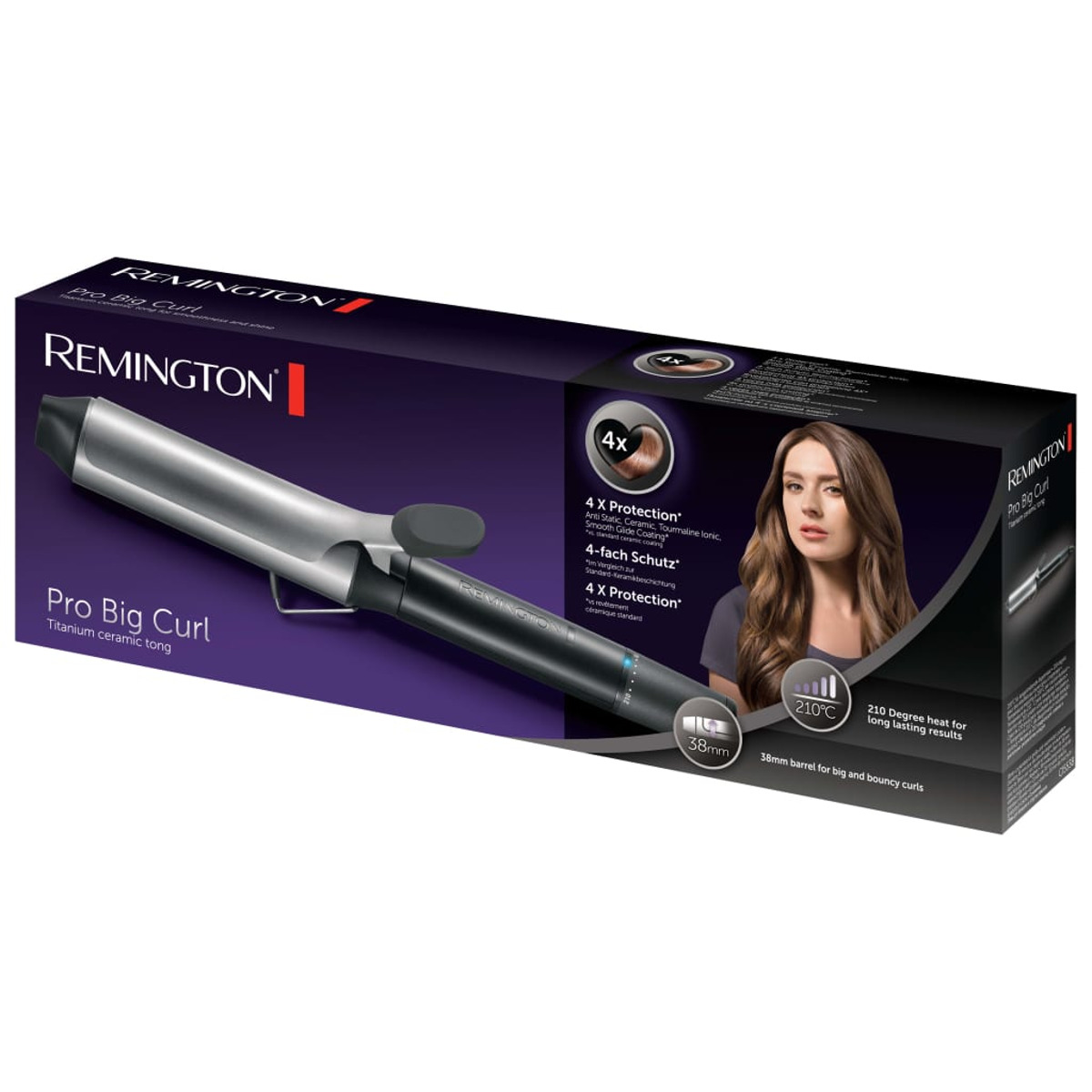Lokówka Remington Pro Big Curl w pudełku. Kobieta z długimi włosami.