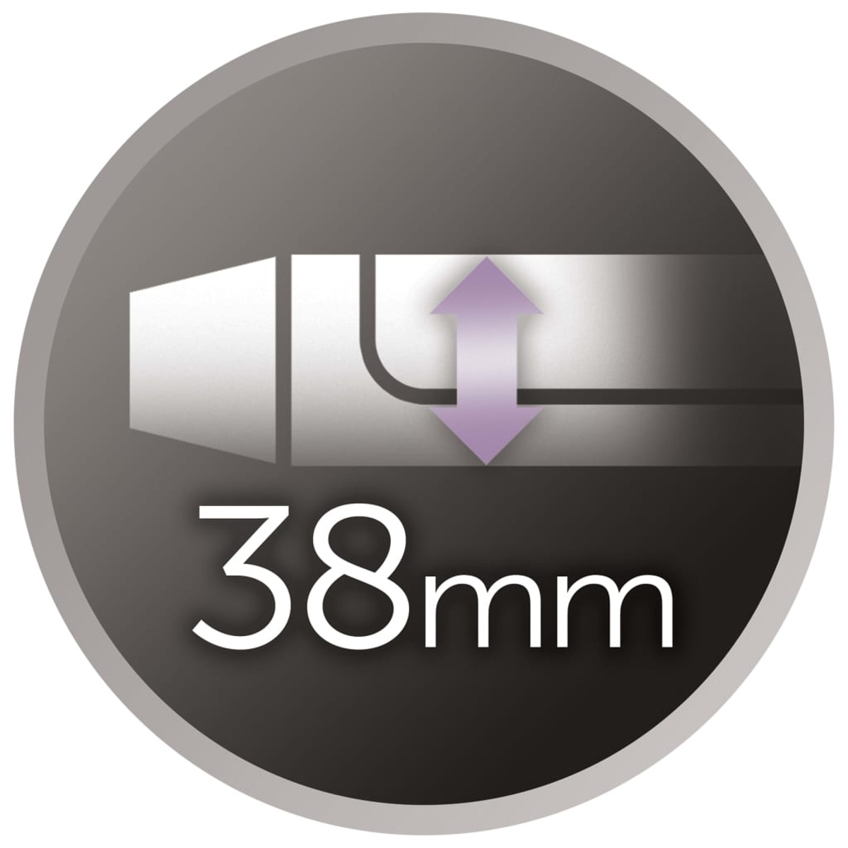 Czarny i szary okrąg z białym rysunkiem linii części narzędzia i liczbą 38mm.