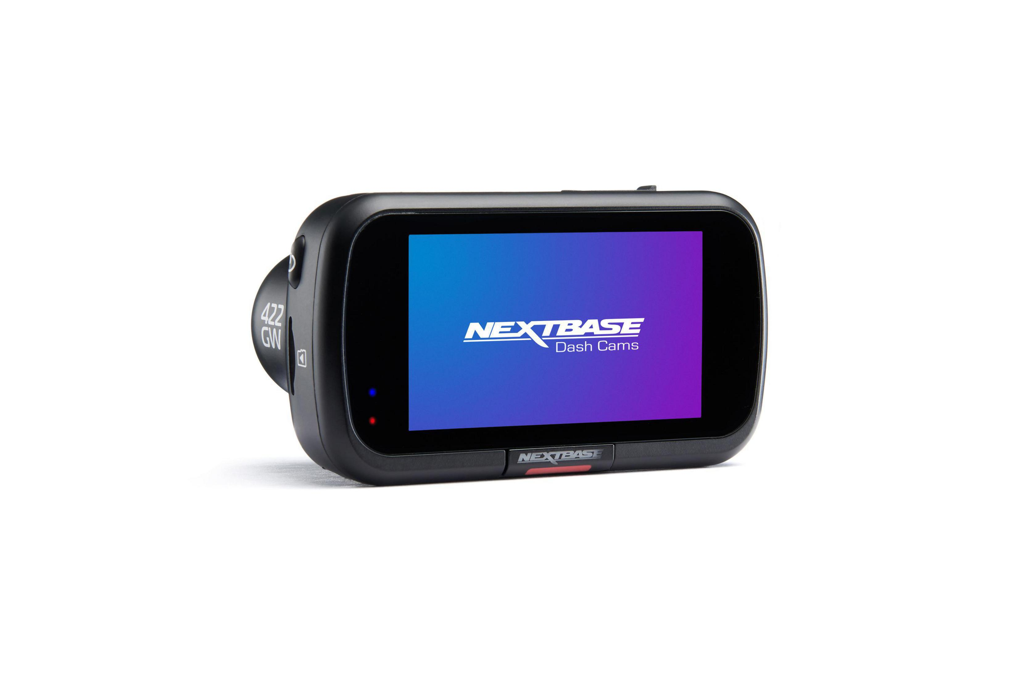 Schwarze Dashcam, NEXTBASE-Logo auf dem Bildschirm, auf weißem Hintergrund.