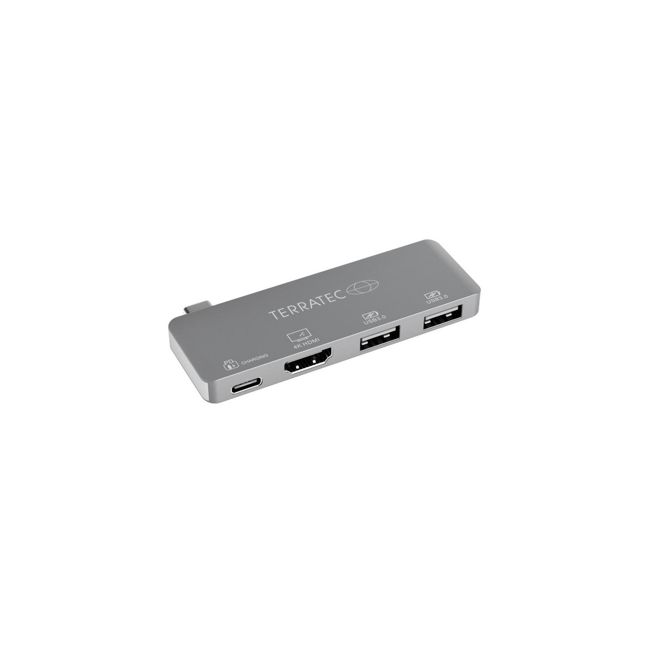 Silberner USB-C-Hub mit mehreren Anschlüssen. 4K HDMI, USB-Anschlüsse und Ladeanschluss sichtbar.