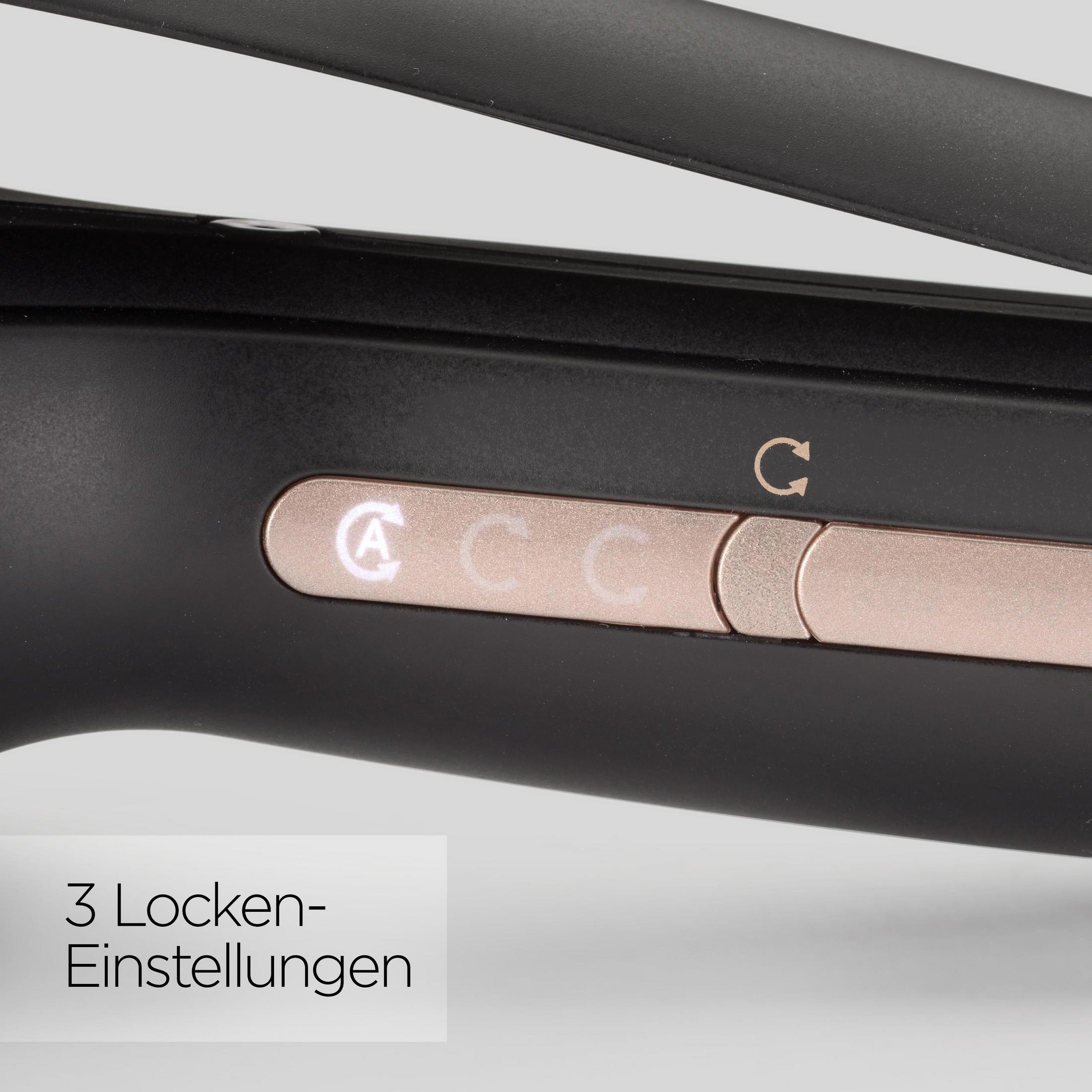 Czarna prostownica do włosów ze złotymi akcentami i przyciskami ustawień.