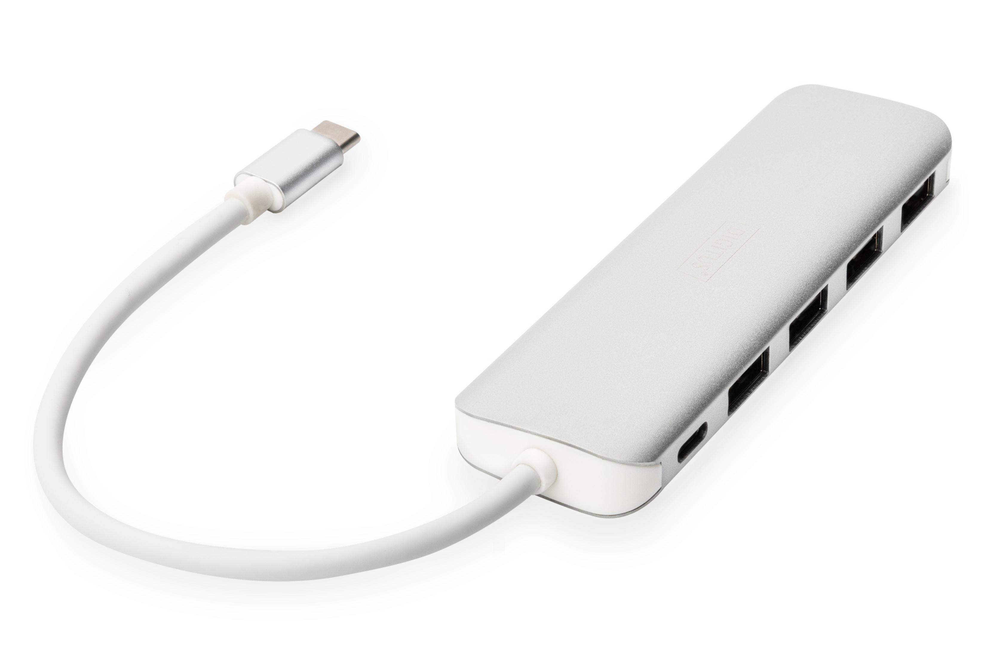 Silberner USB-C-Hub mit mehreren Anschlüssen und einem weißen Kabel. Weißer Hintergrund.