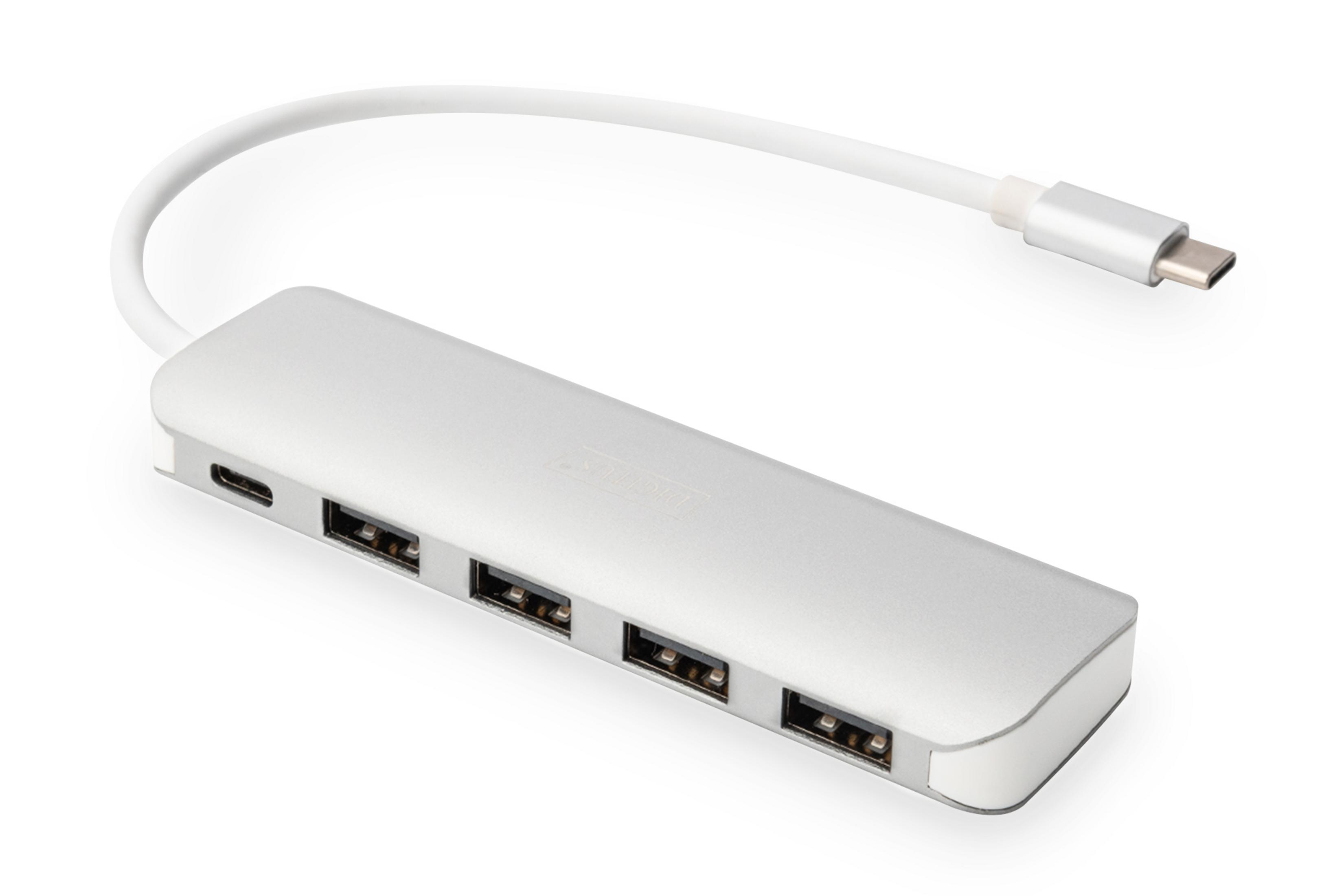 Silberner USB-Hub mit 4 USB-Anschlüssen und weißem Kabel. Ein Typ-C-Anschluss ist sichtbar.
