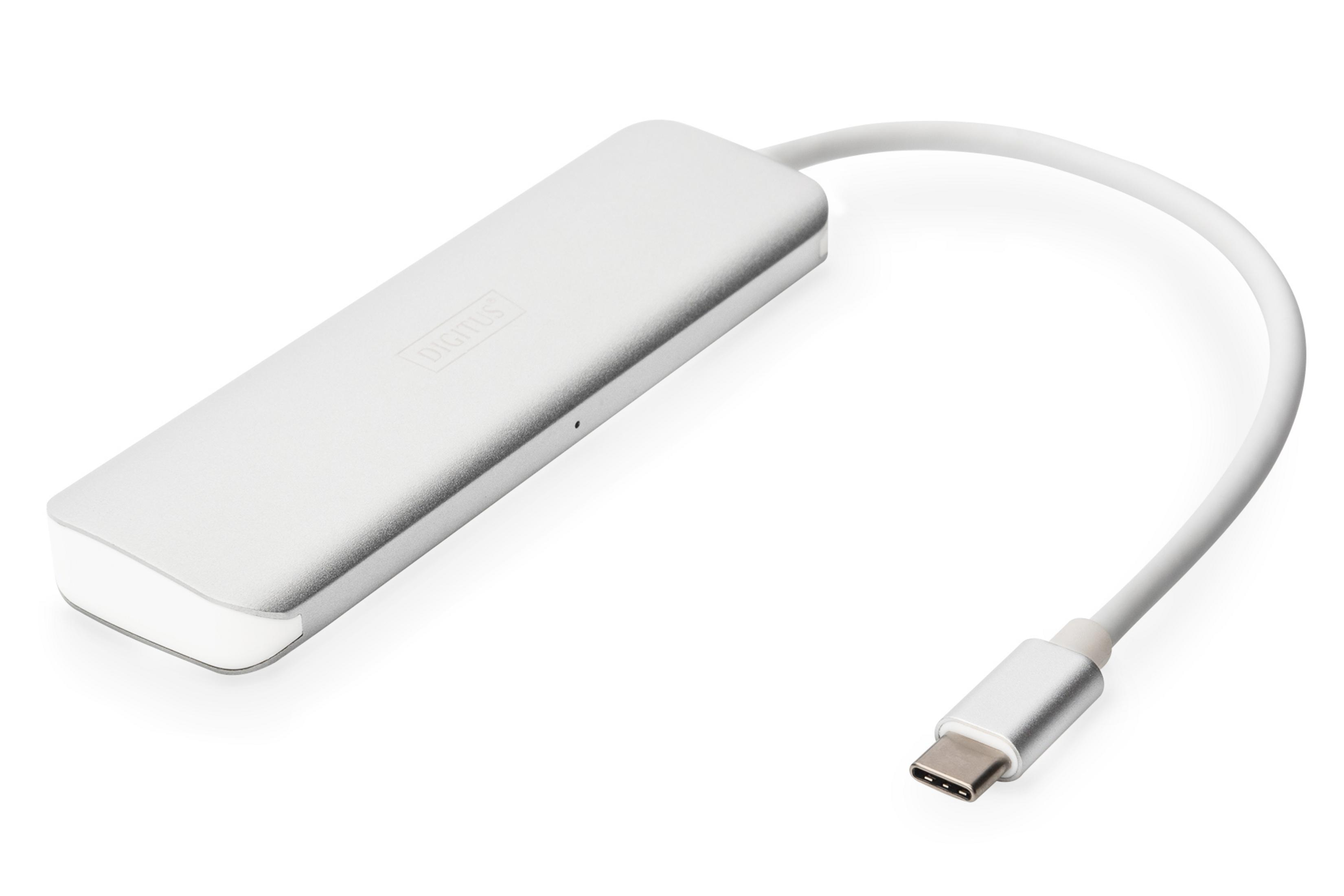 Silberner USB-C-Hub mit weißem Kabel. Der Hintergrund ist weiß.
