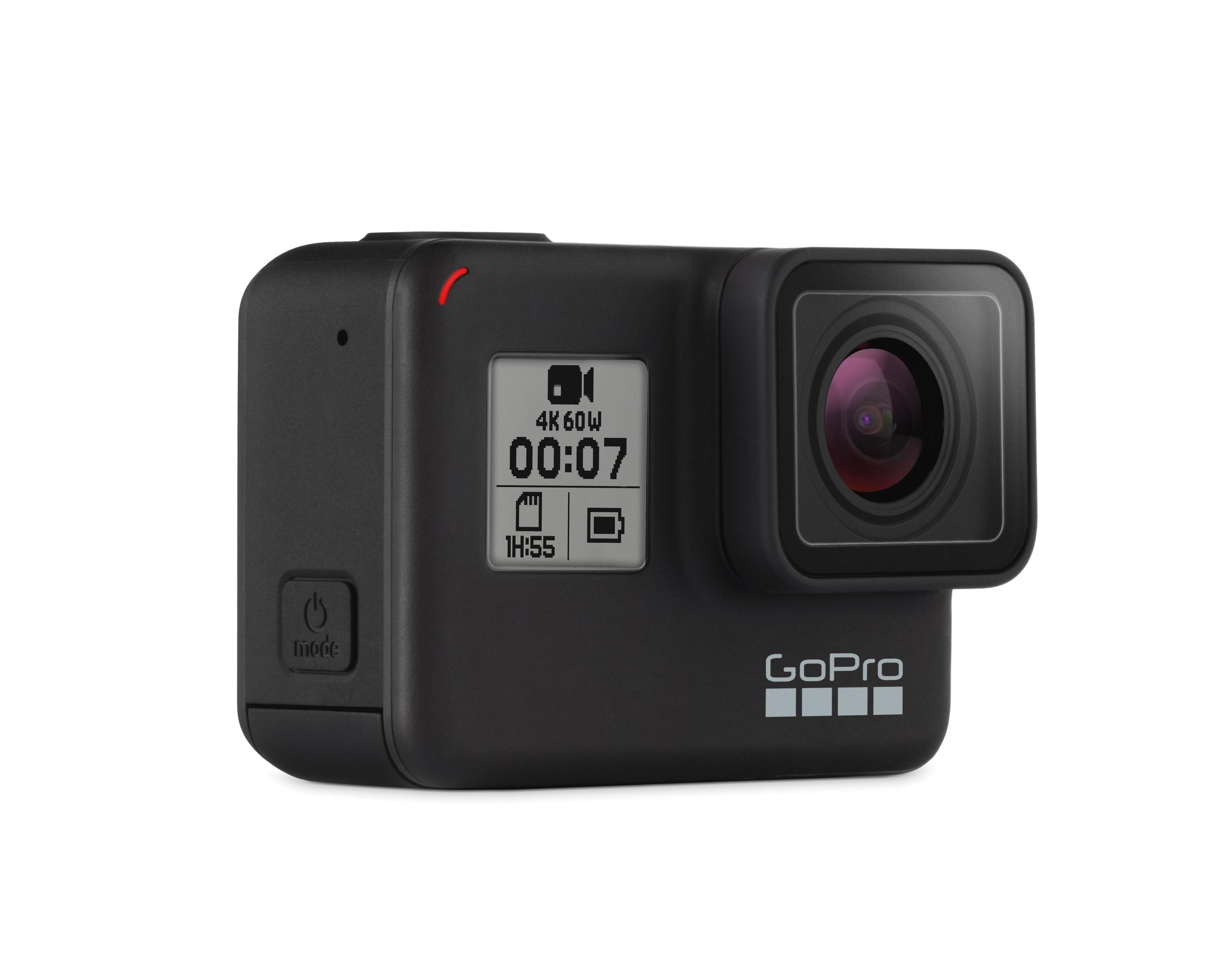 Eine schwarze GoPro-Kamera mit einem Bildschirm, der die Aufnahmezeit und die Einstellungen anzeigt.
