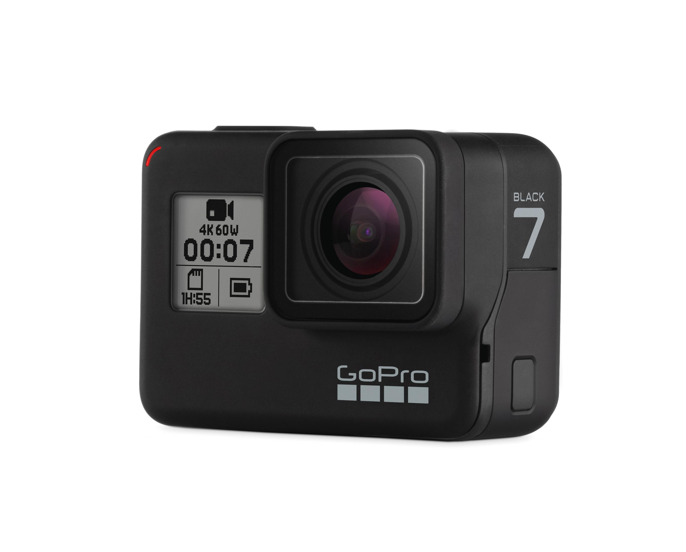 Schwarze GoPro-Kamera mit einem Bildschirm, der 4K 60W und einen Timer anzeigt.