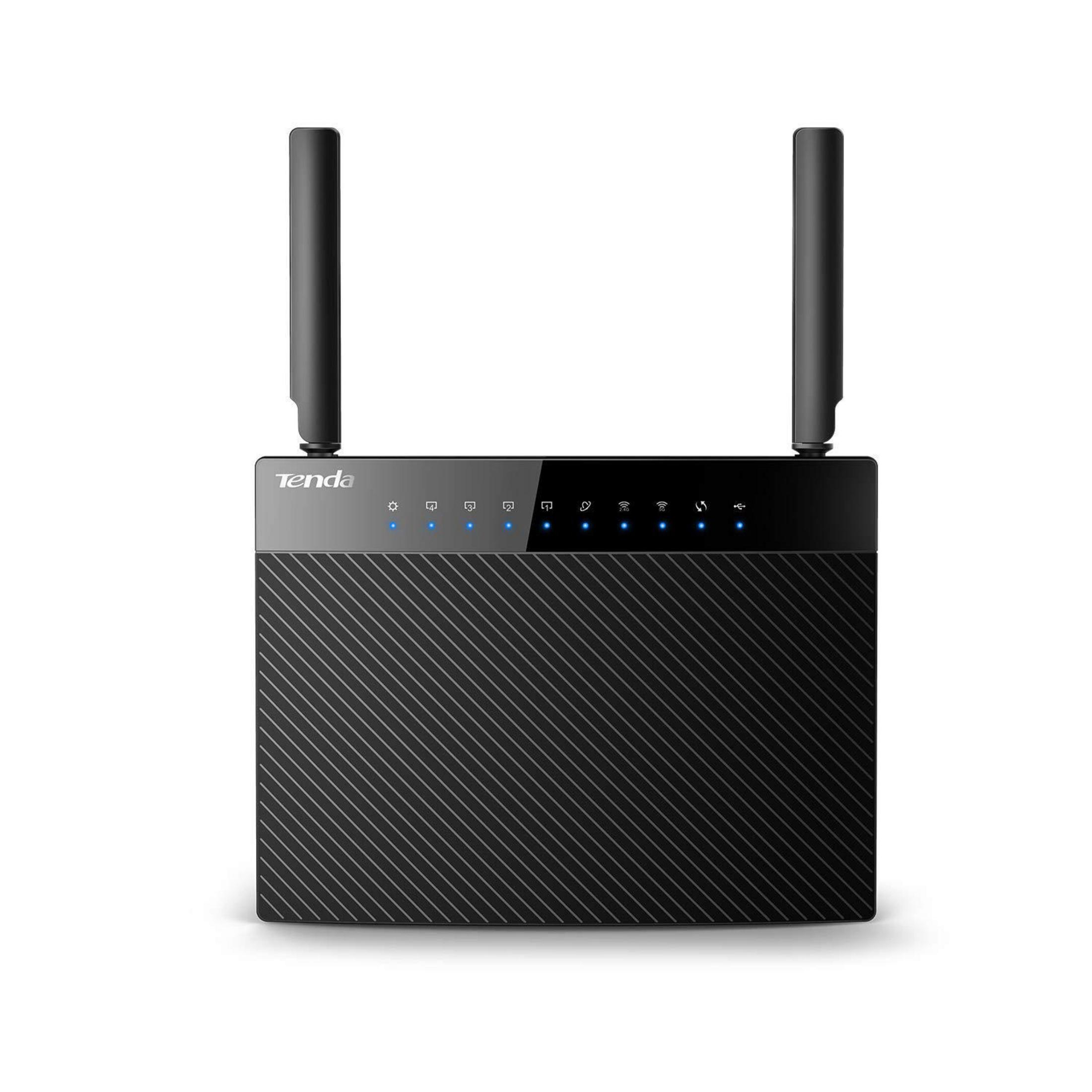 Un router nero con due antenne è su una superficie bianca. La parola Tenda è su di esso.
