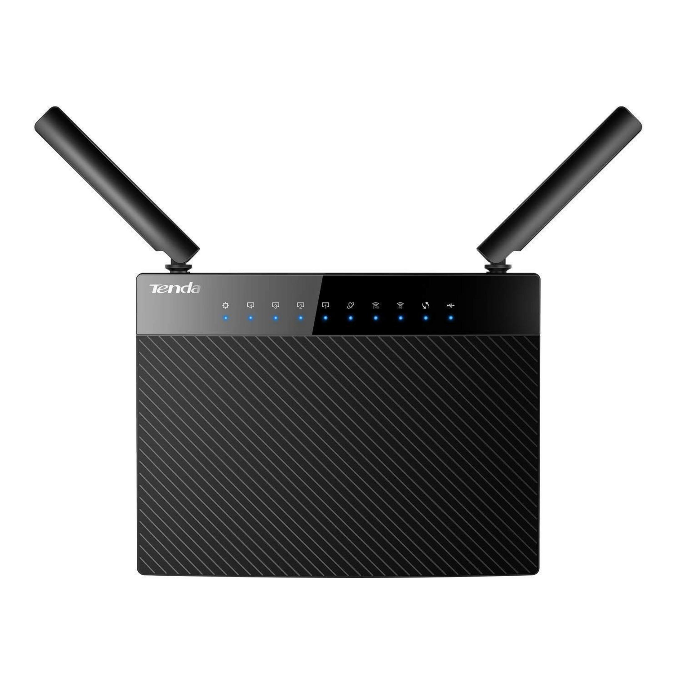 Router Tenda nero con antenne. Vista dall'alto. Luci accese.