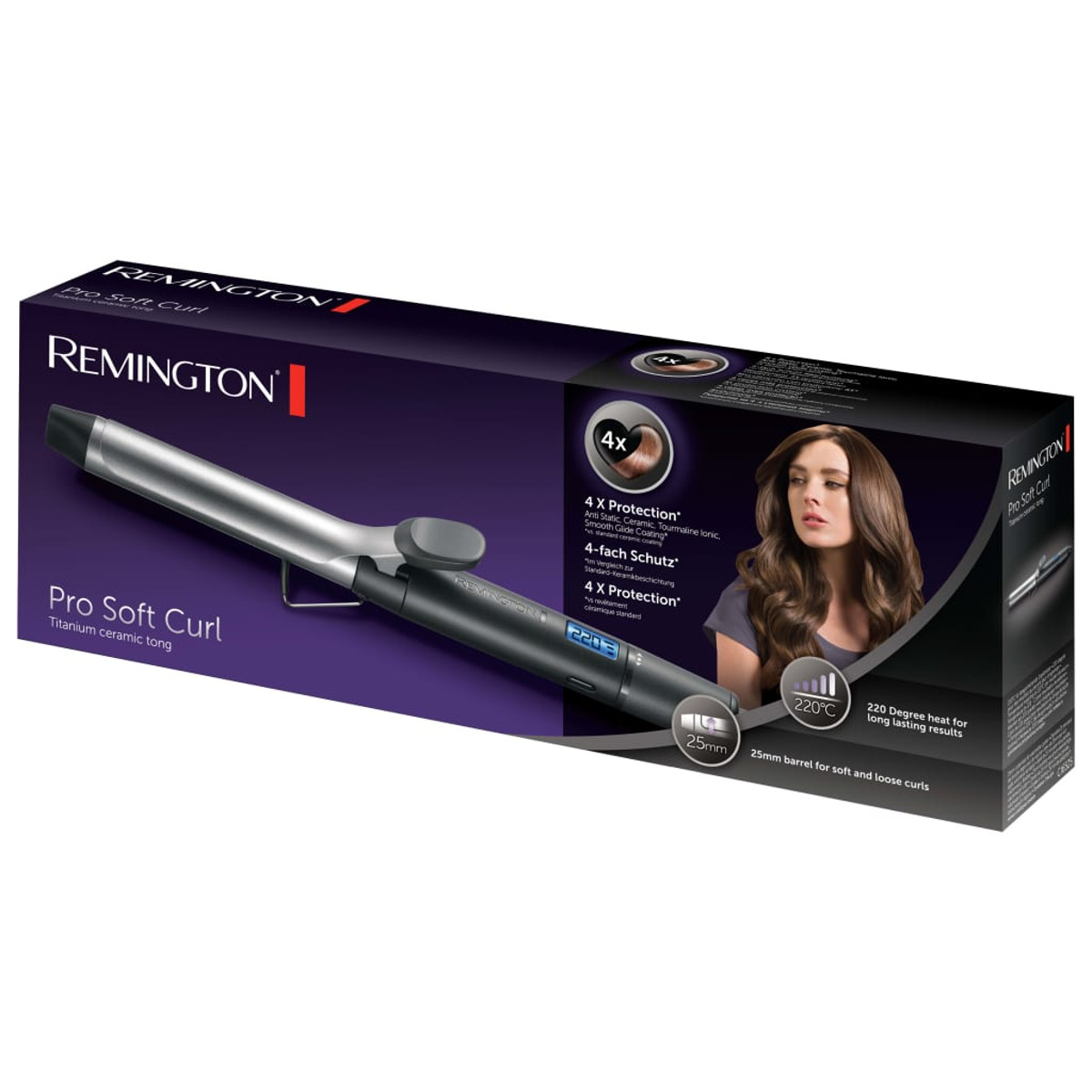 Scatola arricciacapelli Remington Pro Soft Curl. Arricciacapelli nero e argento visibile sulla scatola.