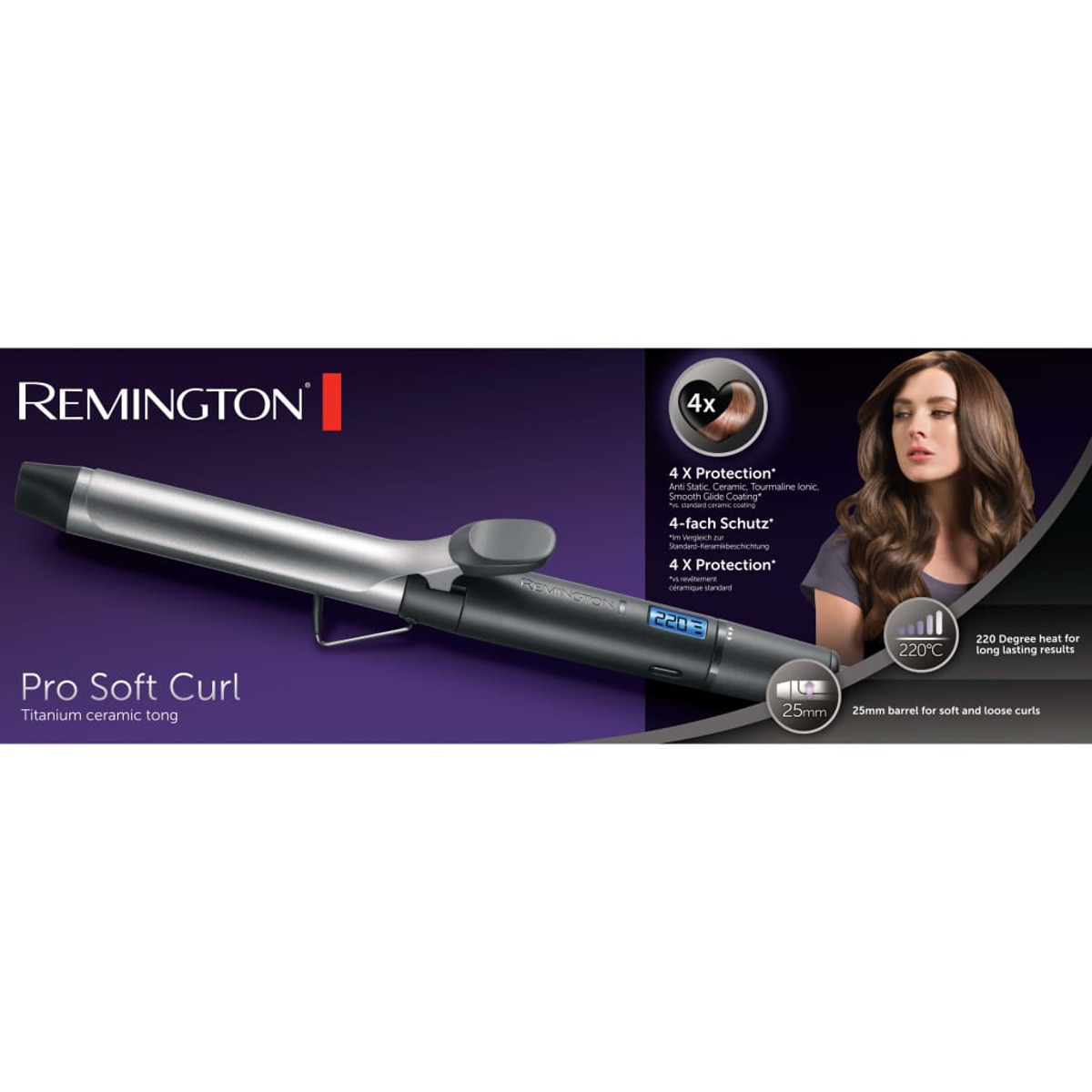 Arricciacapelli Remington Pro Soft Curl. L'arricciacapelli è argento e nero. La scatola mostra una donna con i capelli ricci.