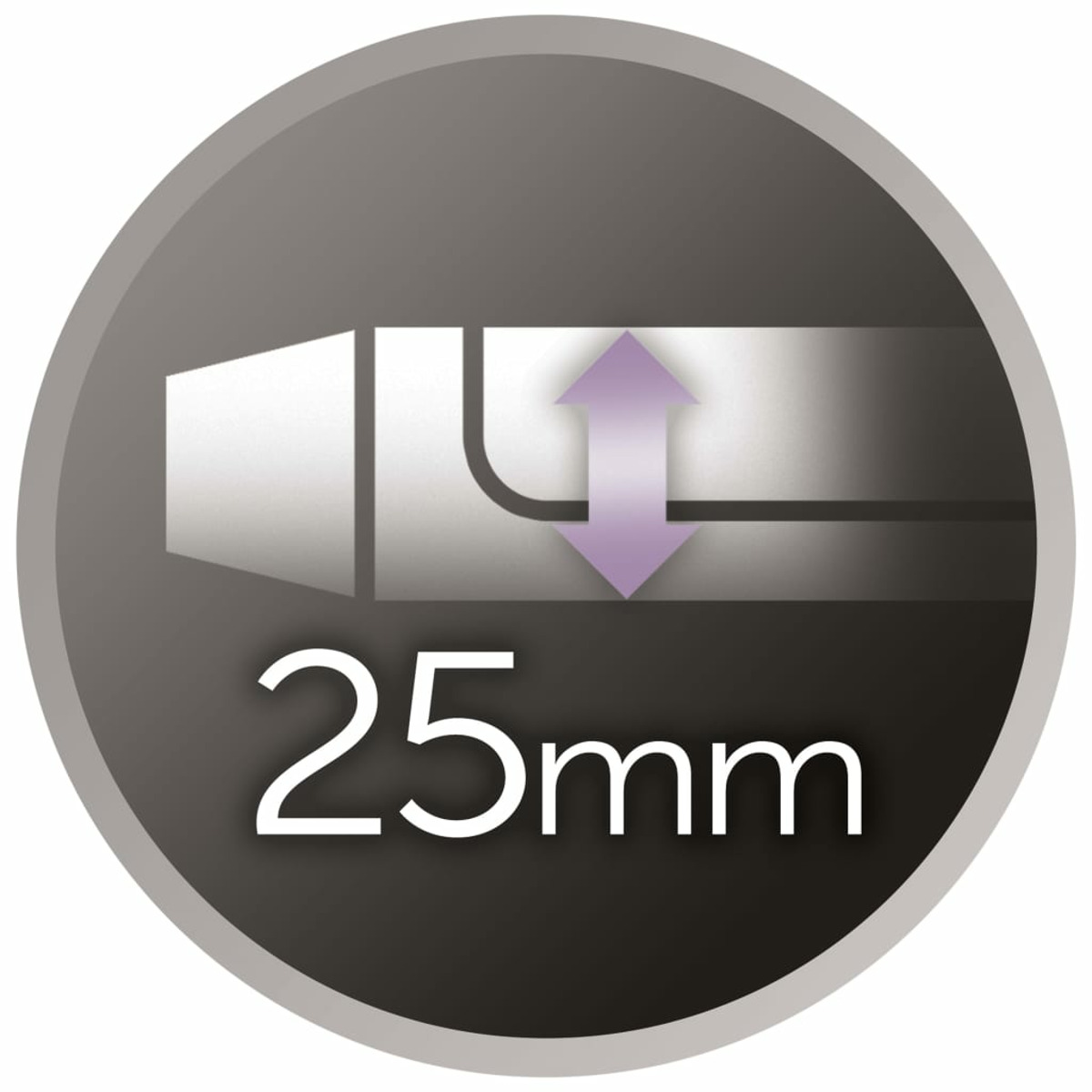 Grafica circolare, frecce bianche e viola su e giù, testo '25mm'.