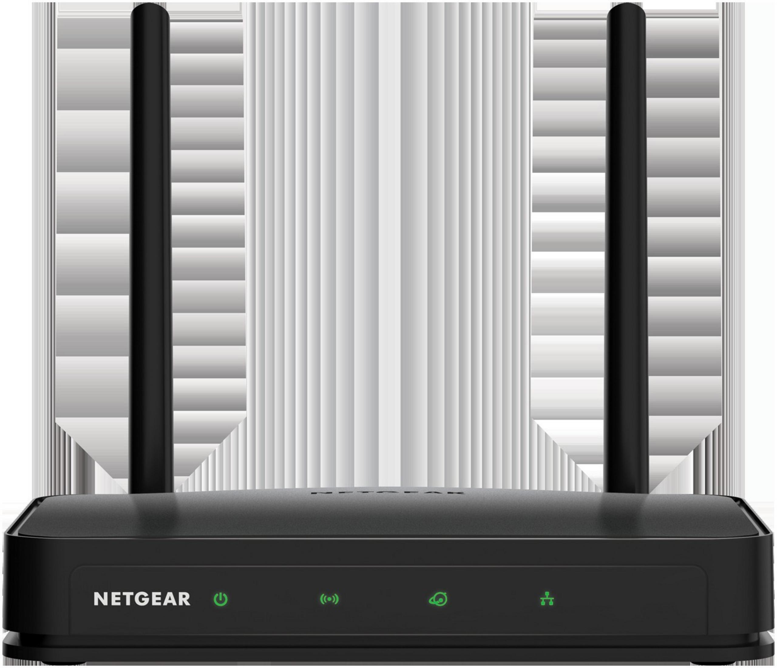Czarny router NETGEAR z dwiema antenami, przyciskiem zasilania i diodami stanu na białej powierzchni.
