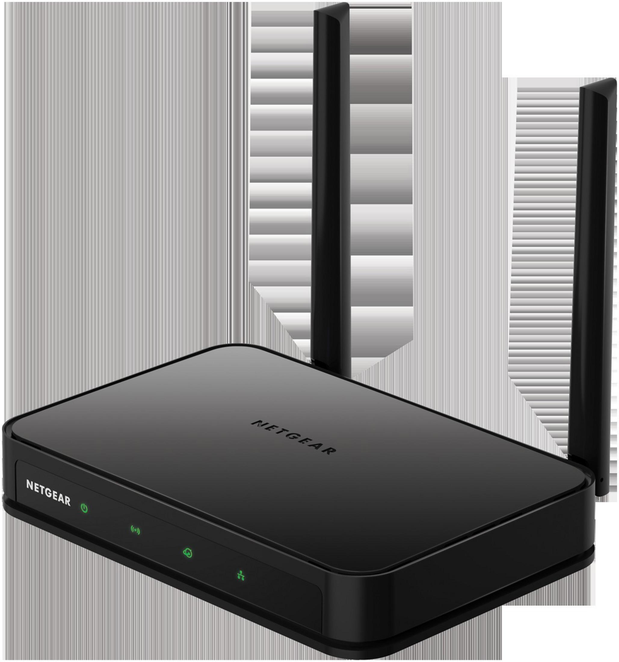 Czarny router NETGEAR z dwiema antenami na górze. Router znajduje się na białej powierzchni. Widoczne słowo NETGEAR.